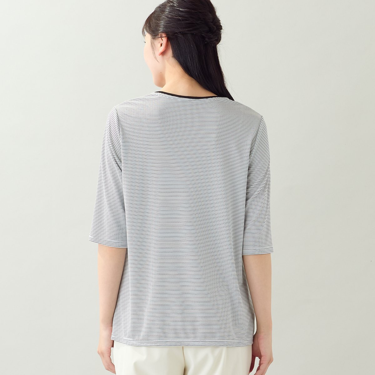 missel 【洗える・日本製・L~4Lサイズ】お花刺繍入りボーダーTシャツ ミゼール トップス カットソー・Tシャツ ホワイト