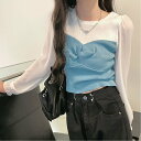 【SALE/40%OFF】Aimoon ニットトップス シフォン パフスリーブ ミニミニストア トップス ニット ブラック ブルー