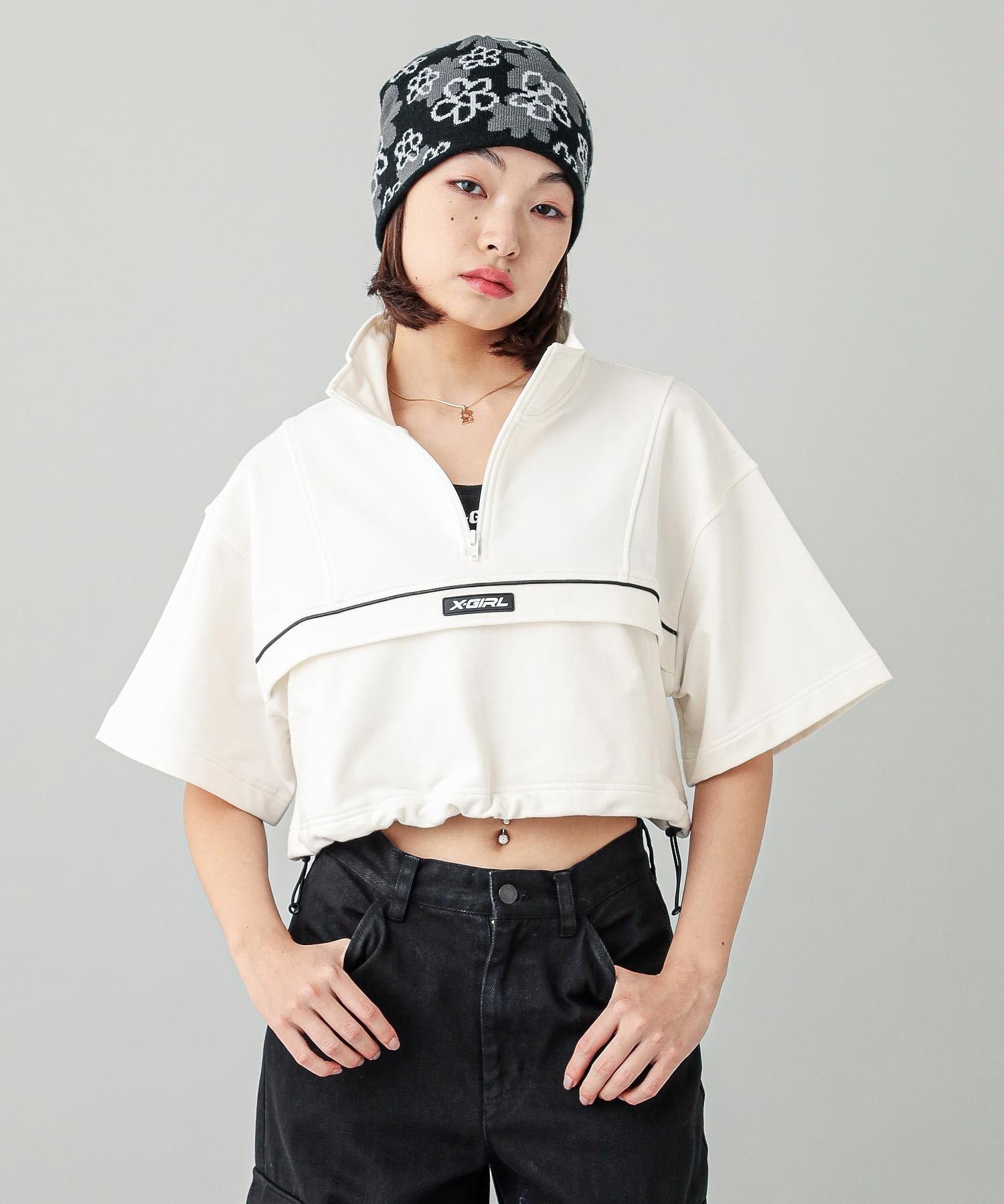 【SALE／50%OFF】X-girl DRAWSTRING CROPPED ANORAK TOP エックスガール トップス スウェット・トレーナー ブラック ホワイト【送料無料】