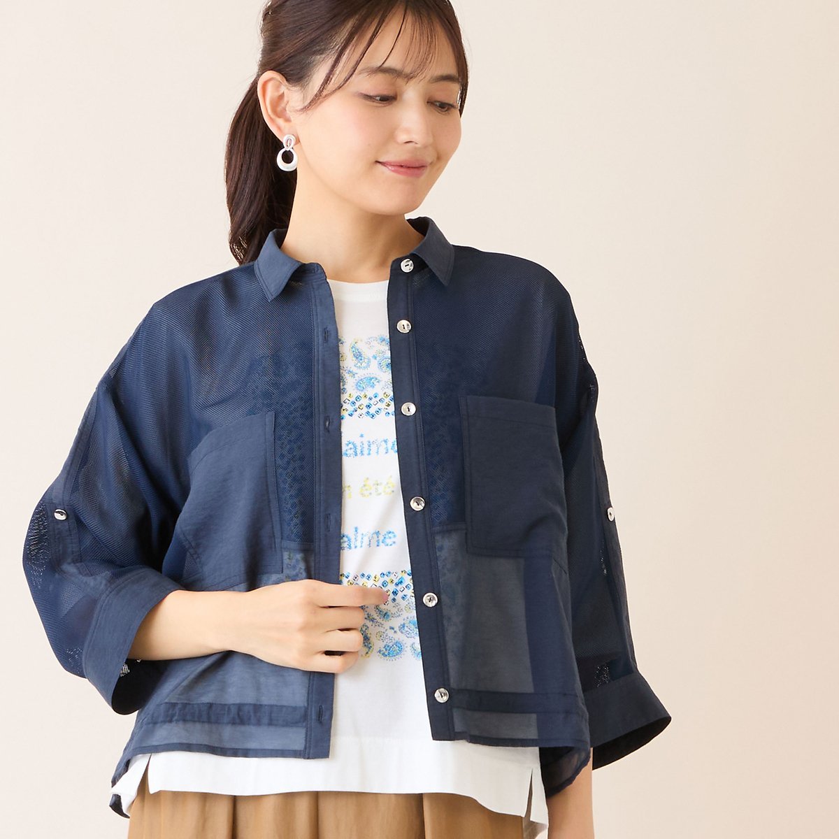 LOBJIE 【洗える】メッシュシアーシャツ ロブジェ トップス シャツ・ブラウス ベージュ ネイビー