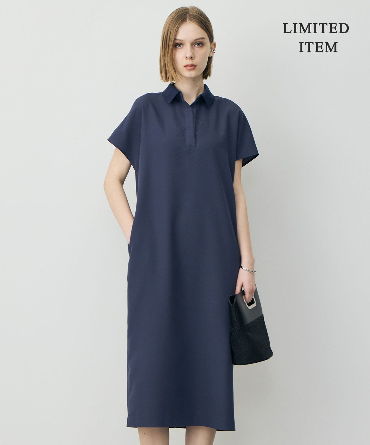 ICB L 【WEB限定】FluidBackSatin ニット衿シャツワンピース アイシービー ワンピース・ドレス ワンピース ブラック ネイビー【送料無料】