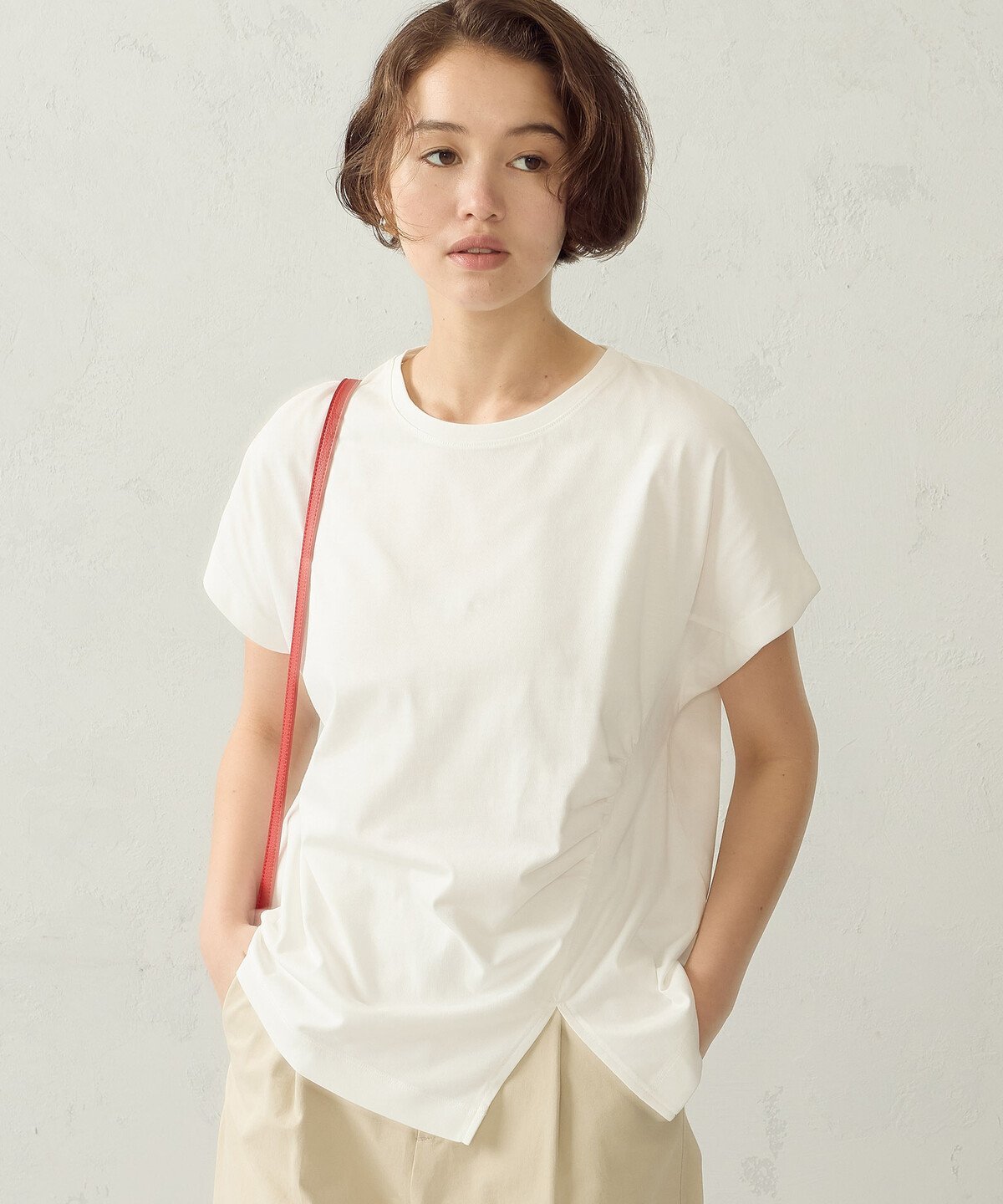 【接触冷感】アシンメトリータックTシャツ コムサイズム トップス カットソー・Tシャツ カーキグリーン ホワイト グレー