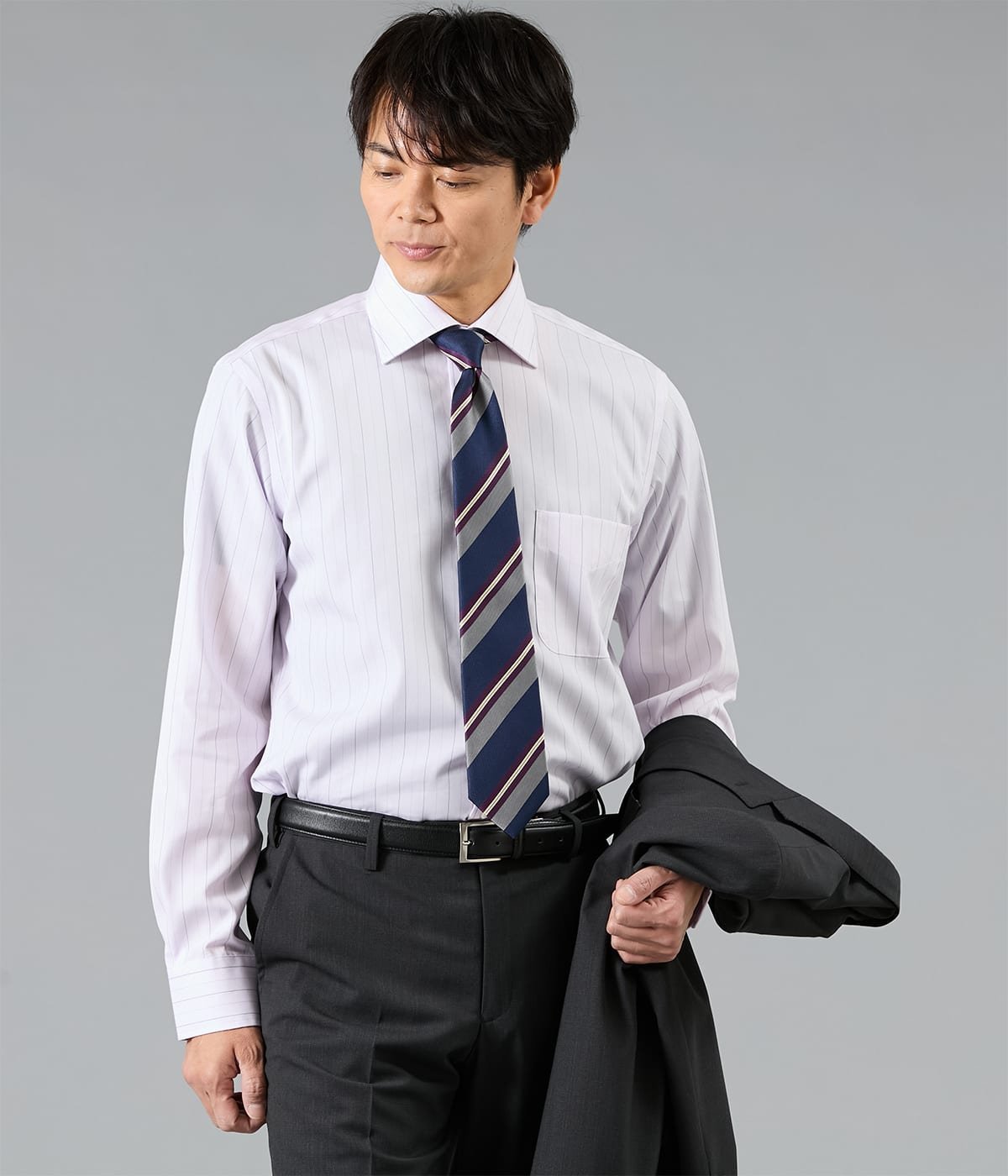 NEWYORKER MEN NY CARE FREE ストライプ 長袖ワイドカラーシャツ ニューヨーカー トップス シャツ・ブラウス パープル
