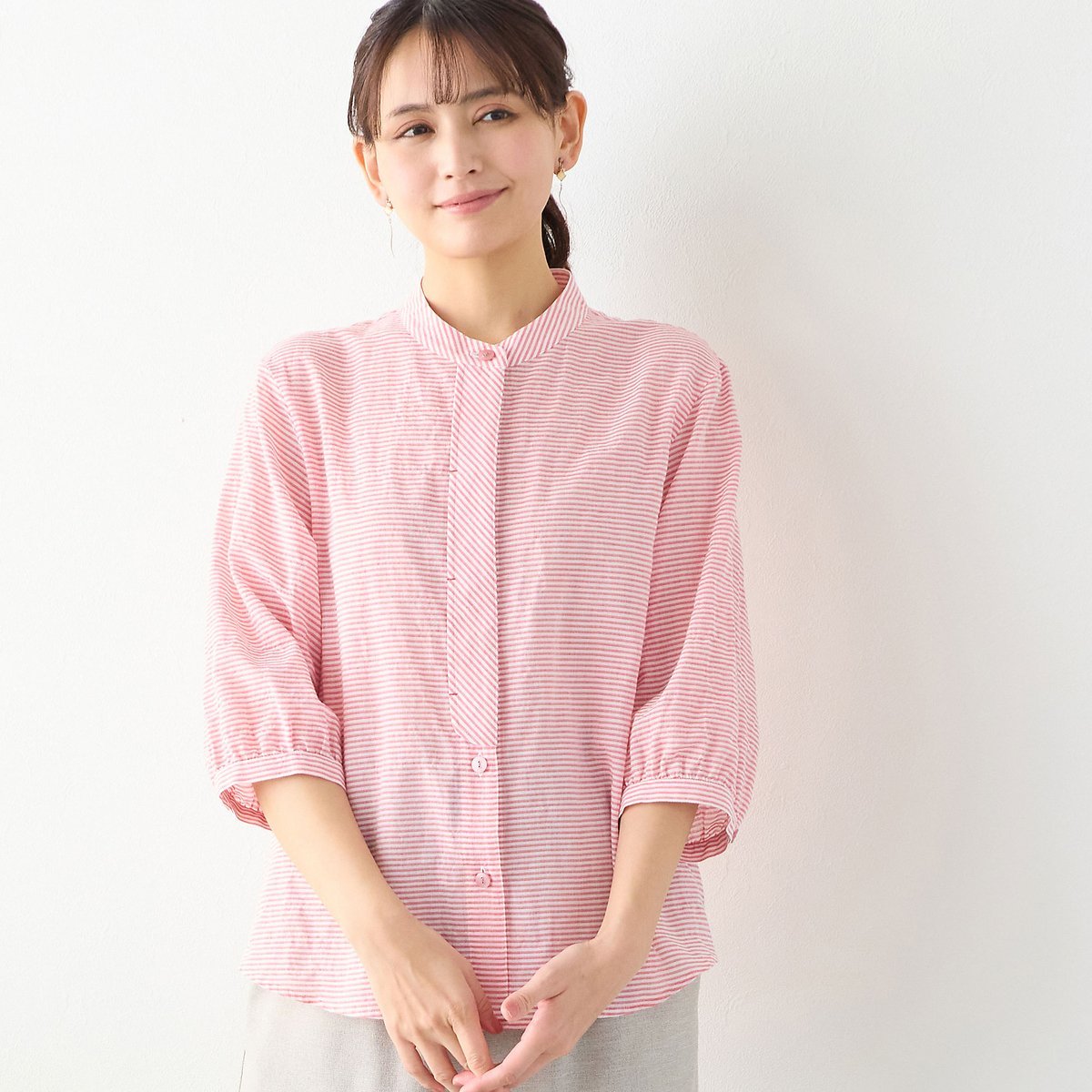LOBJIE 【洗える】シャーリングブラウス ロブジェ トップス シャツ・ブラウス ブルー レッド