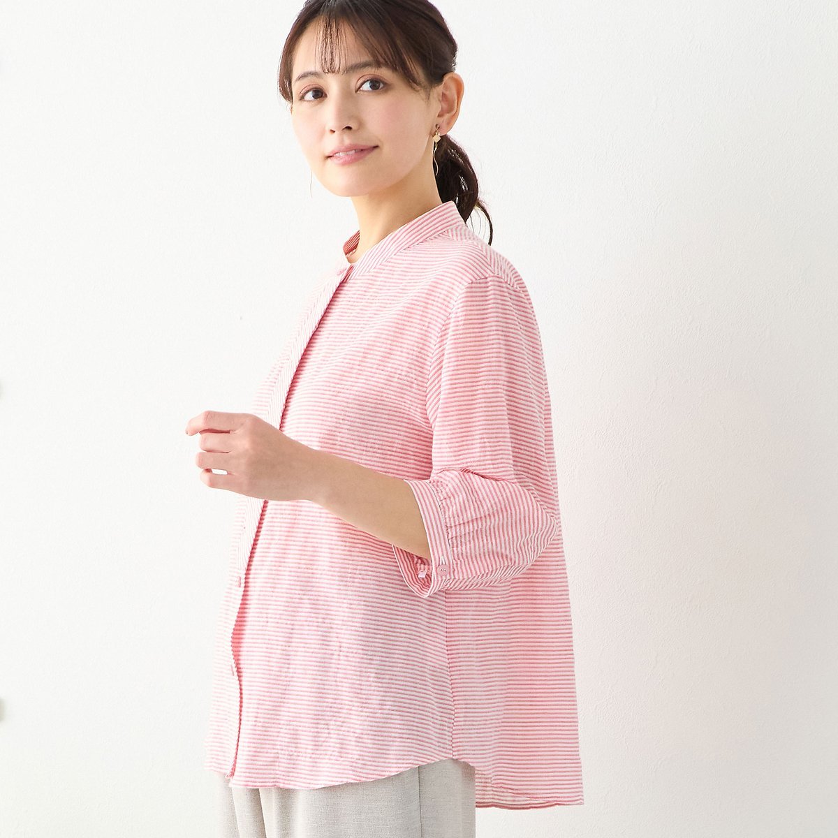 LOBJIE 【洗える】シャーリングブラウス ロブジェ トップス シャツ・ブラウス ブルー レッド