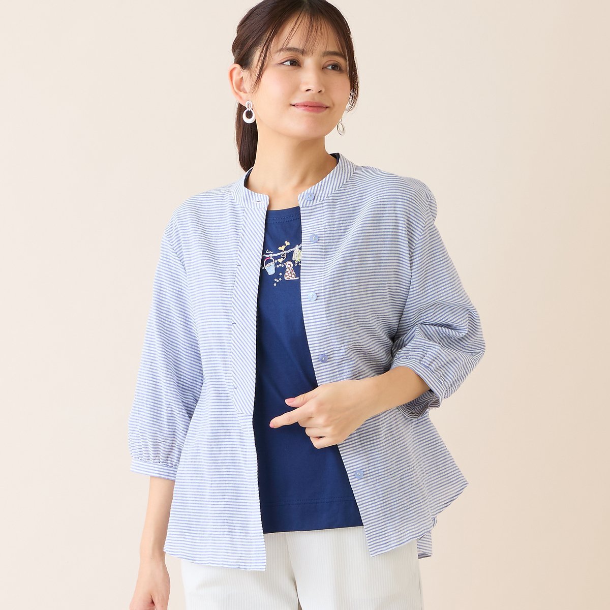 LOBJIE 【洗える】シャーリングブラウス ロブジェ トップス シャツ・ブラウス ブルー レッド