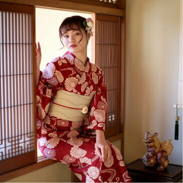 utatane utatane/(W)レディース 浴衣 帯 下駄 3点セット フリーサイズ 【アンティーク図案・本染め注染 ワイン赤に菊流水】 ウタタネ ビジネス/フォーマル 着物/浴衣 レッド【送料無料】