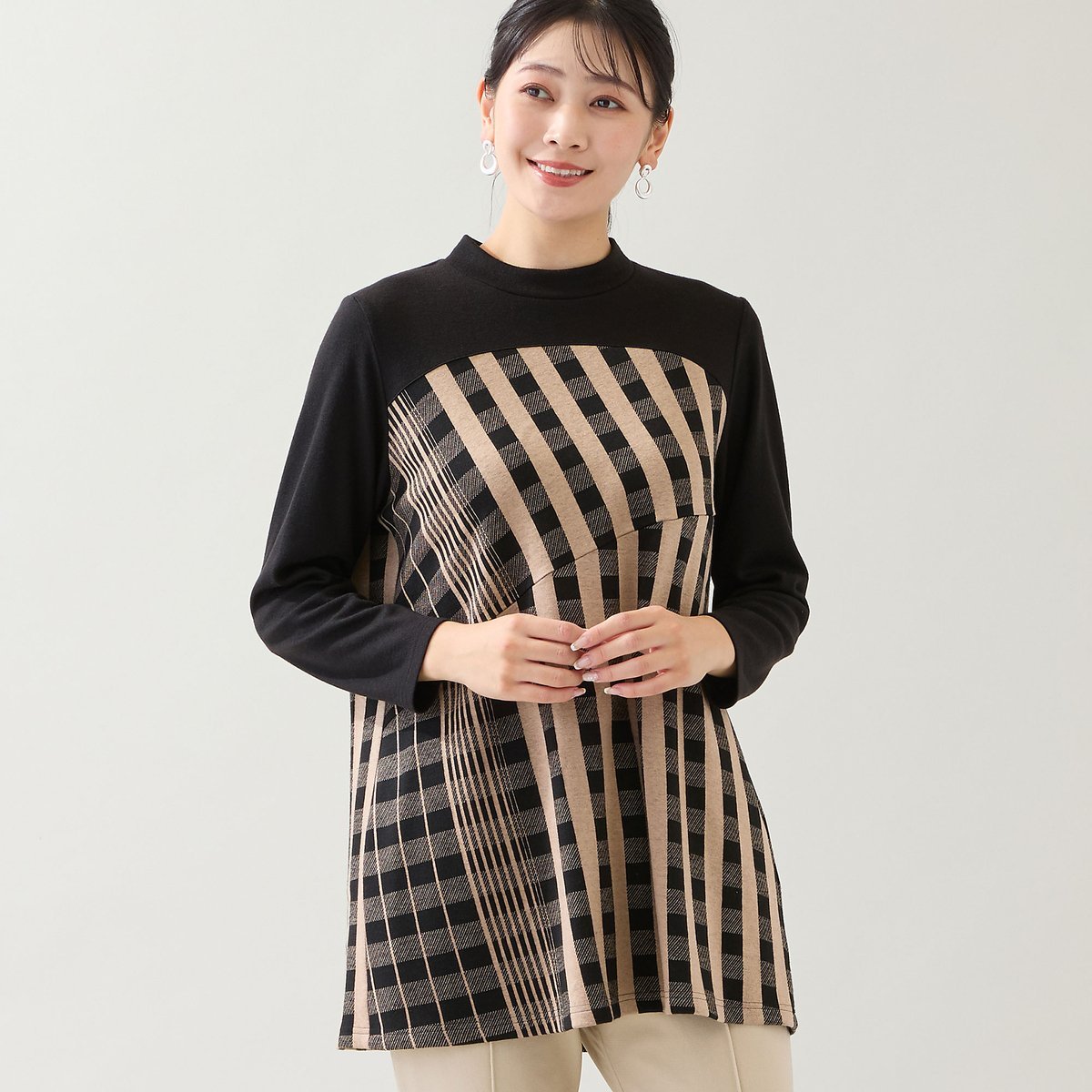 missel 【洗える・日本製・3L/4Lサイズあり】裾フレア チェック柄カットソー ミゼール トップス カットソー・Tシャツ ブラック グレー【送料無料】