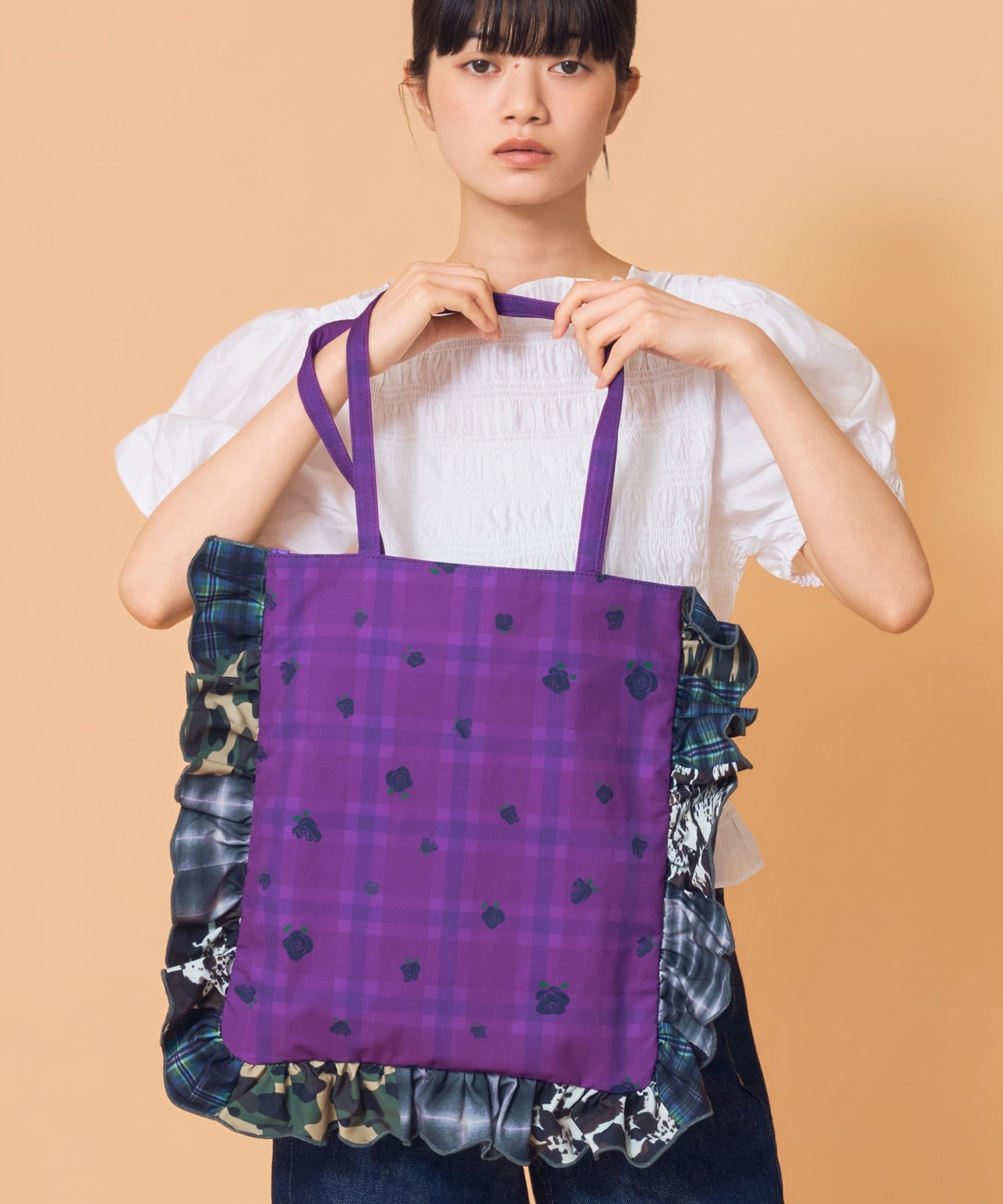 Casselini Casselini(キャセリーニ)プリントフリルトート キャセリーニ バッグ トートバッグ パープル ブラック【送料無料】