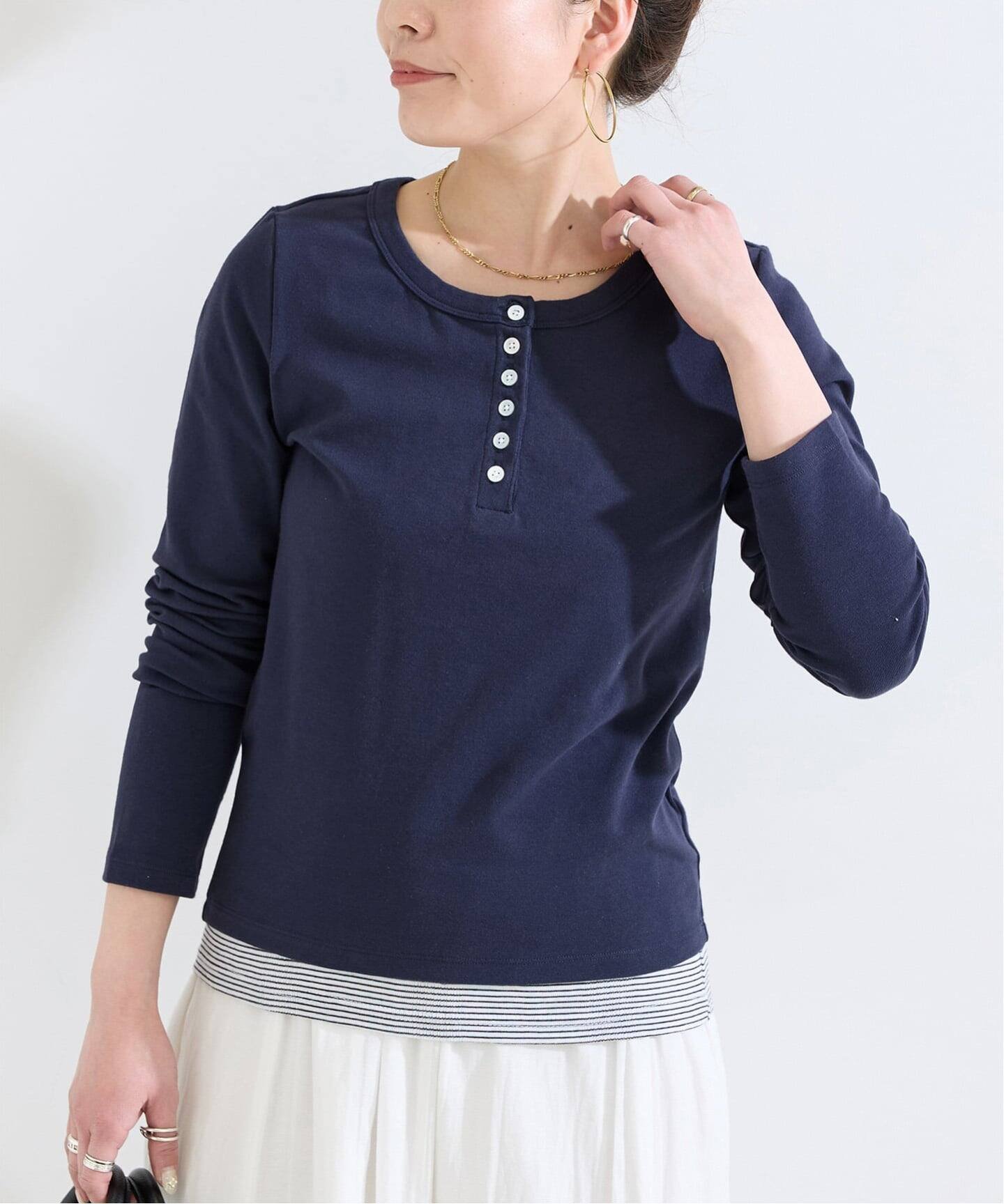 BOOK CLUB / ブッククラブ 別注 ヘンリーネック L/S TEE ベーセーストック トップス カットソー・Tシャツ ネイビー ホワイト イエロー