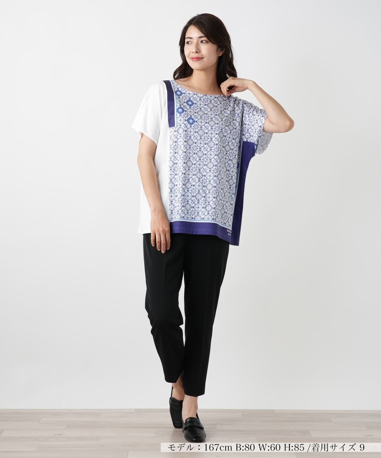 Leilian 幾何学柄切替Tシャツ【ROCHAS Premiere】 レリアン トップス カットソー・Tシャツ