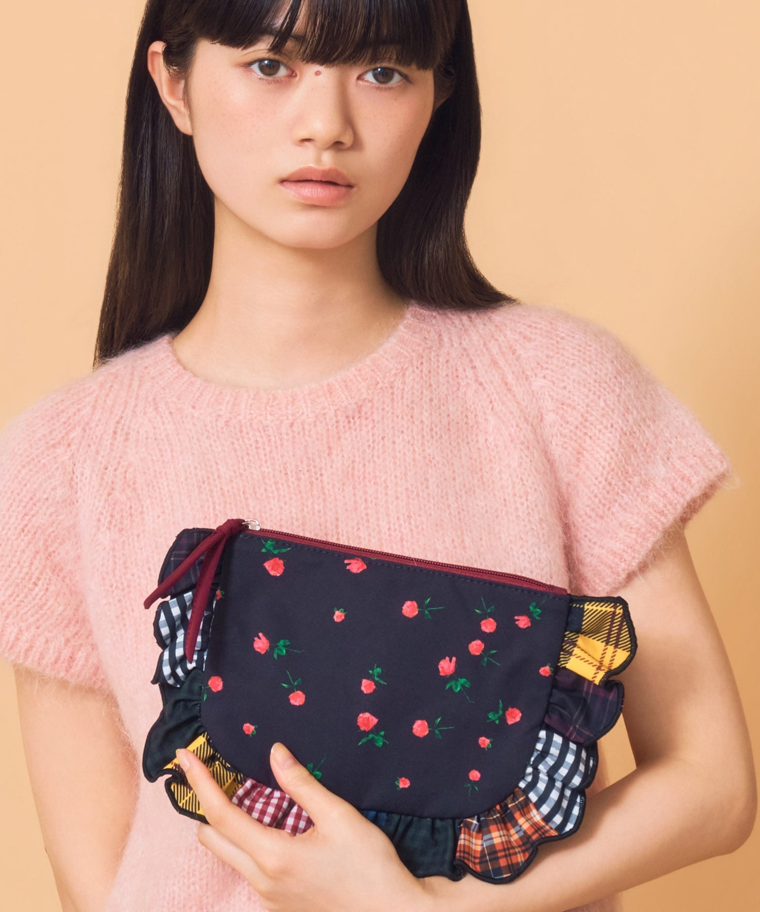 Casselini(キャセリーニ)プリントフリルポーチ キャセリーニ 財布・ポーチ・ケース ポーチ パープル ブラック