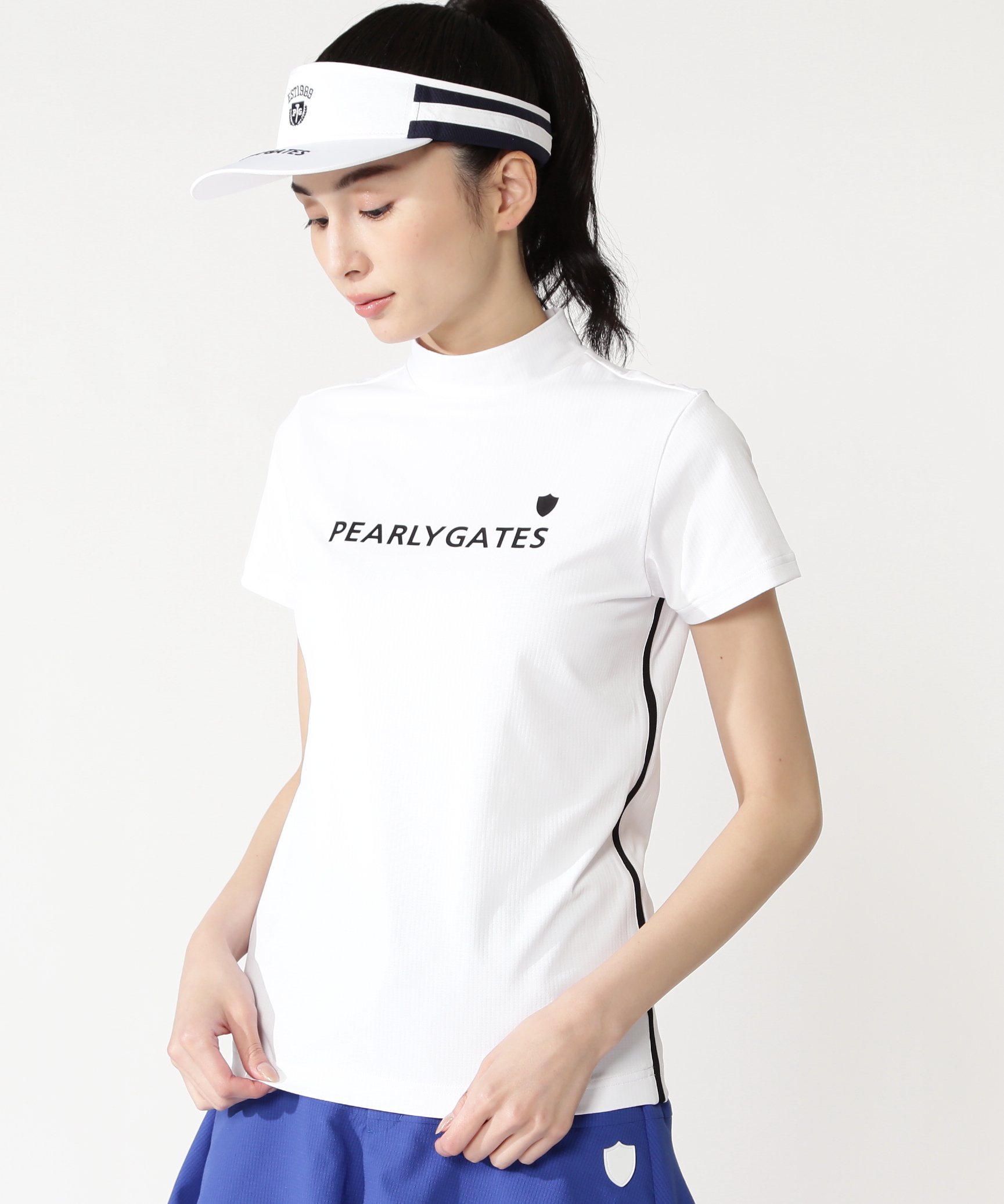 PEARLY GATES メッシュジャージ吸水速乾UV半袖ハイネックカットソー パーリーゲイツ トップス その他のトップス ネイビー ホワイト【送料無料】（楽天・Rakuten Fashion）