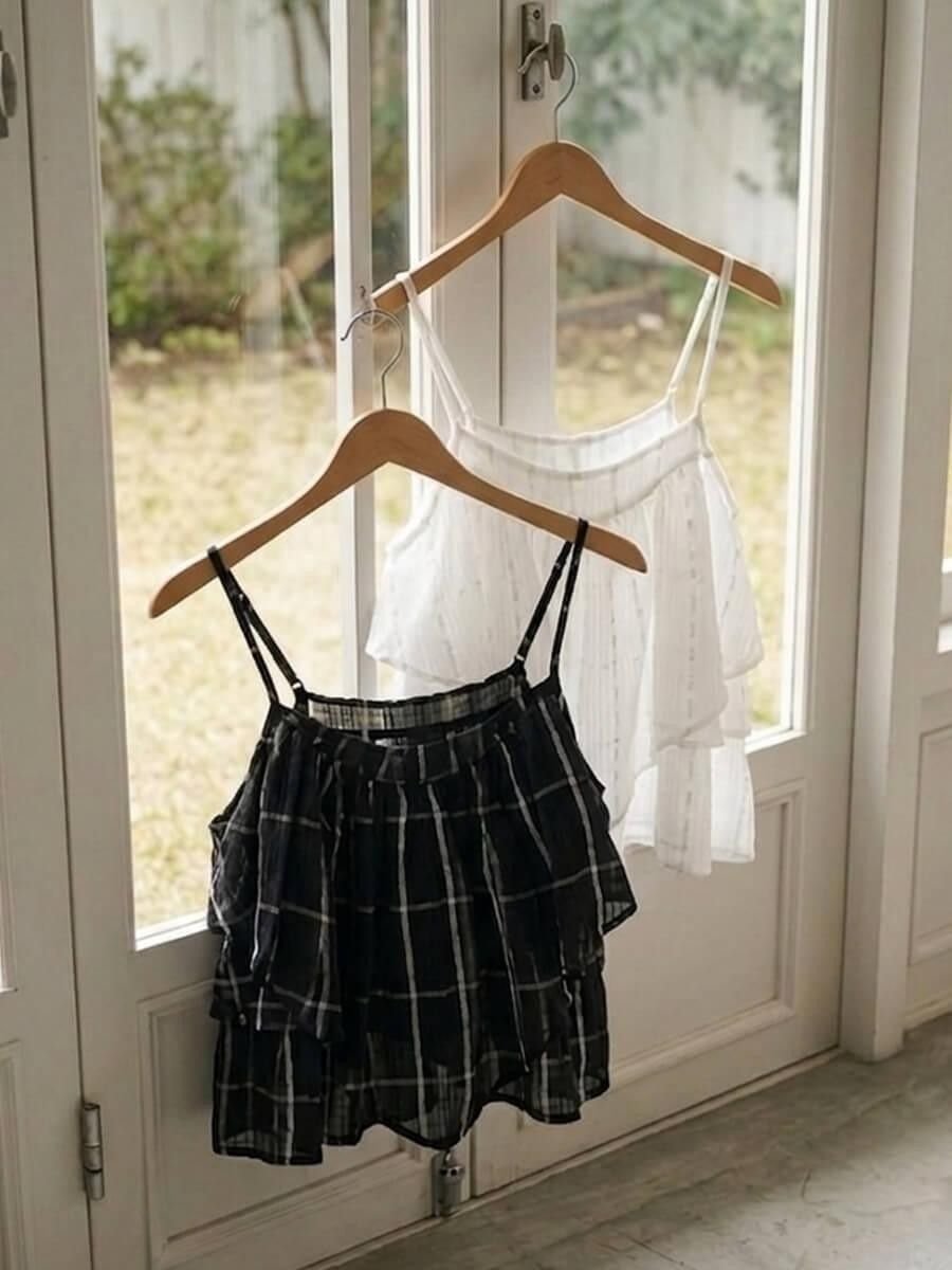 . Sheer checkered frill camisole ラシュッド トップス その他のトップス ホワイト ブラック