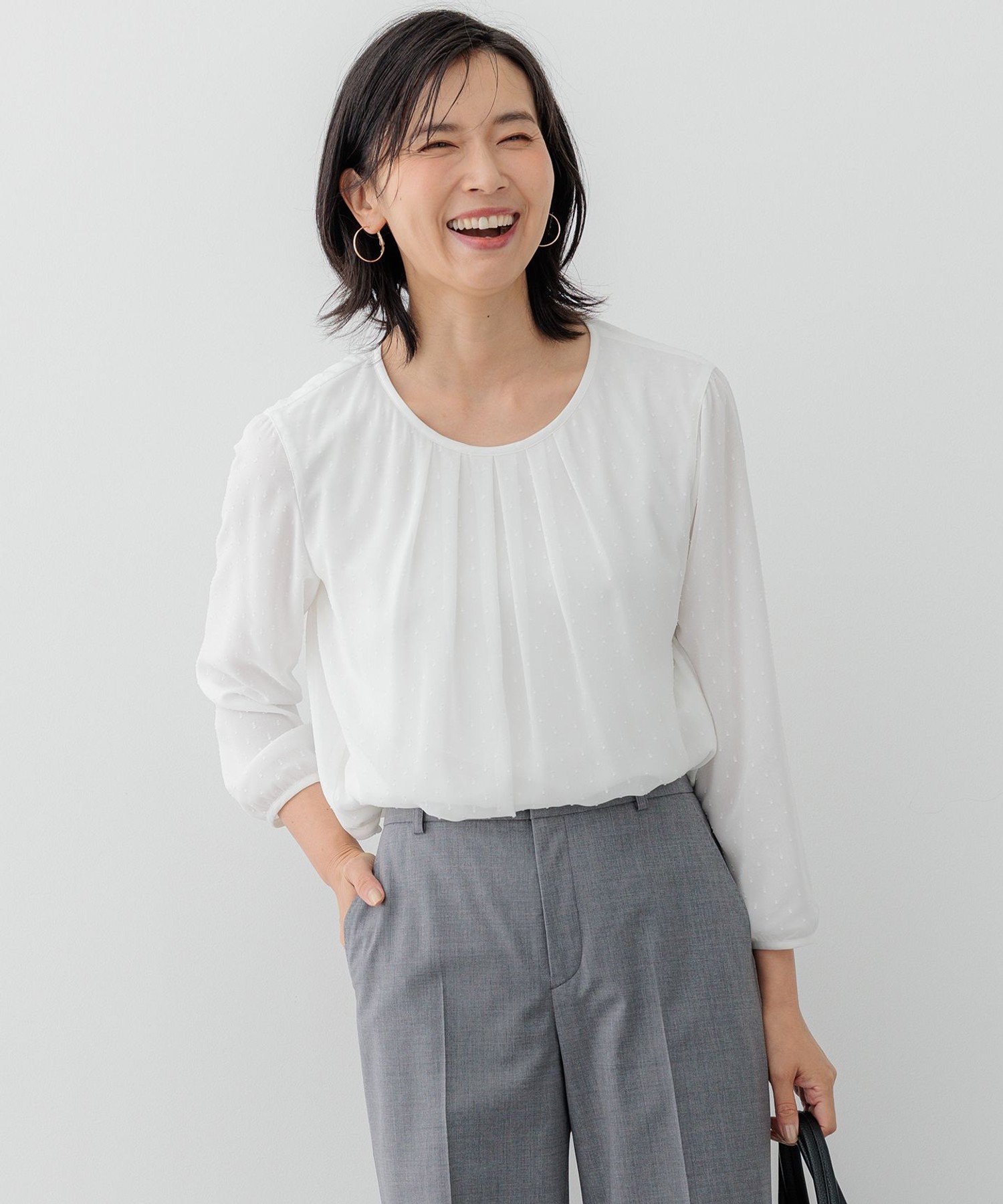 23区 L 【洗える】ドビードットシフォン ブラウス ニジュウサンク トップス カットソー・Tシャツ ブラック ホワイト