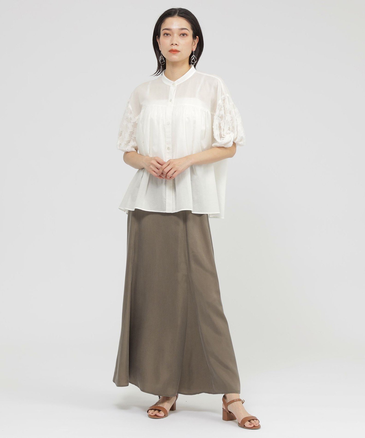 【L】【SANYO Style EDITION掲載】【ウォッシャブル】タイルジャカードコンビブラウス サンヨー エルサイズ トップス シャツ・ブラウス ホワイト ブルー