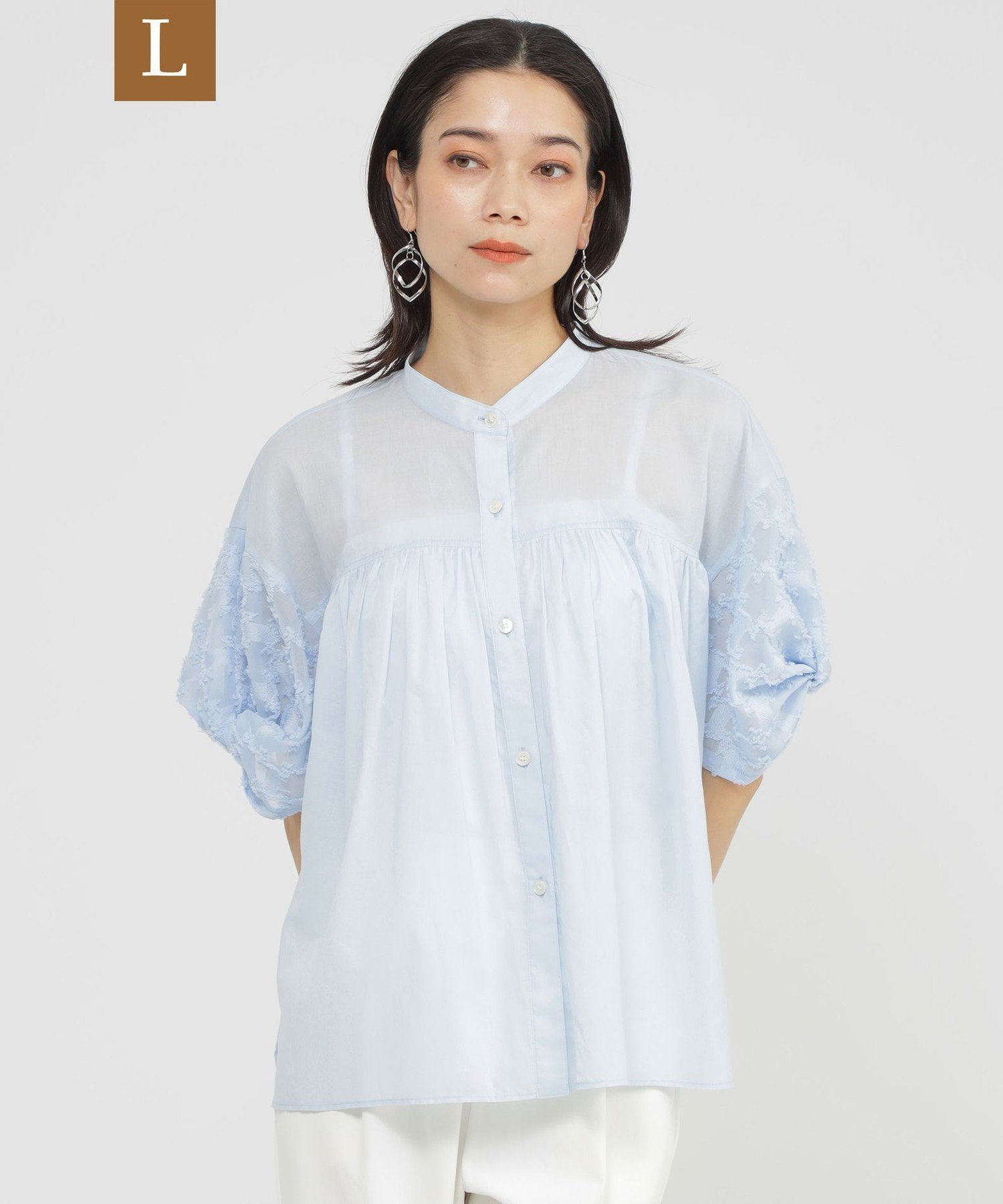 【L】【SANYO Style EDITION掲載】【ウォッシャブル】タイルジャカードコンビブラウス サンヨー エルサイズ トップス シャツ・ブラウス ホワイト ブルー