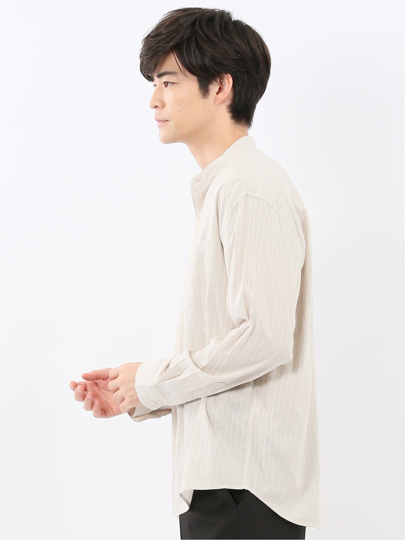 【SALE／30%OFF】m.f.editorial シャンブレーストライプ バンドカラー長袖シャツ タカキュー トップス シャツ・ブラウス ベージュ ネイビー