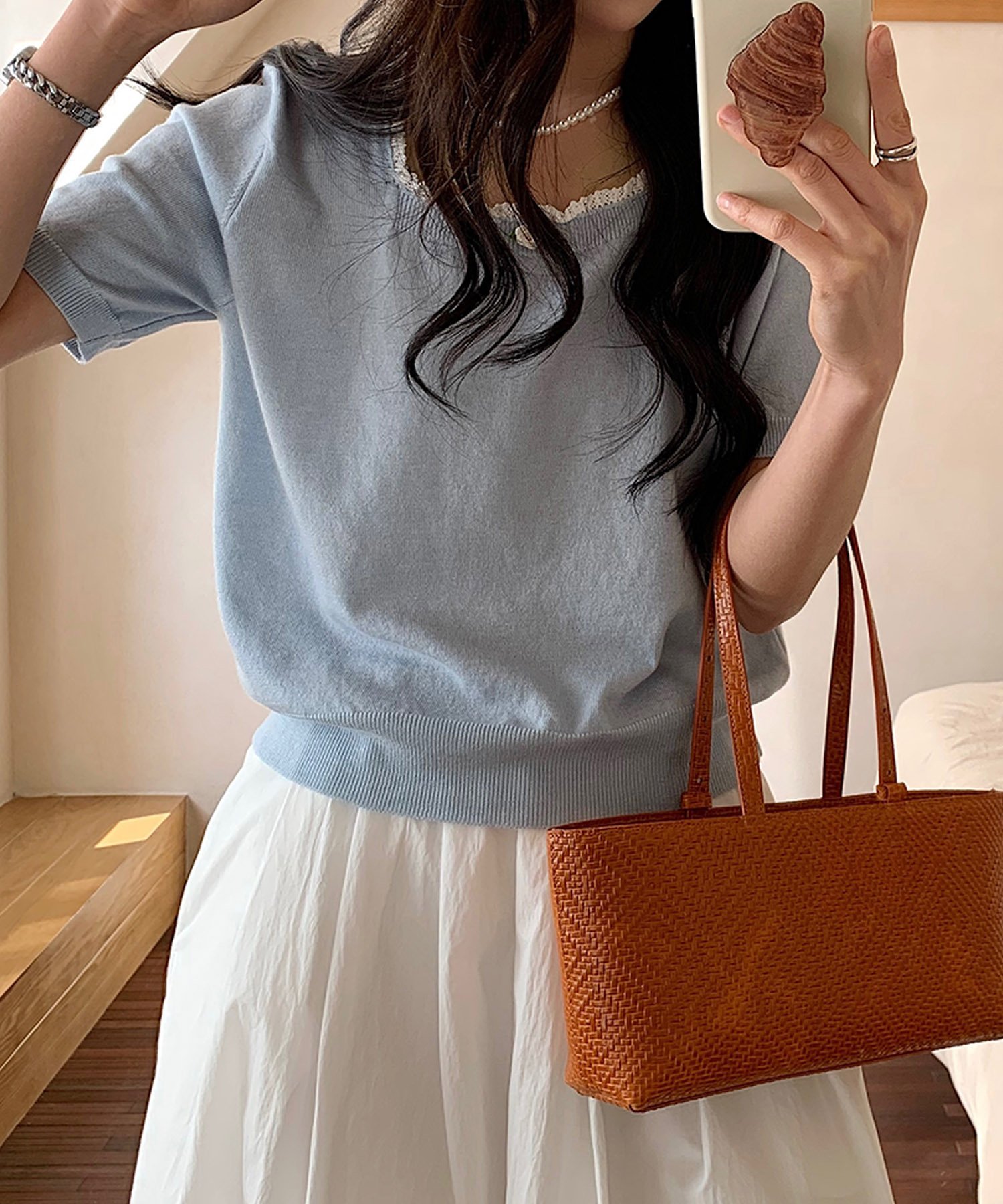 【SALE/75%OFF】BANICO 【BANICO】スクエアネックパール付き半袖ニットトップス アイモハ トップス ニット ブルー グレー ネイビー ベージ...