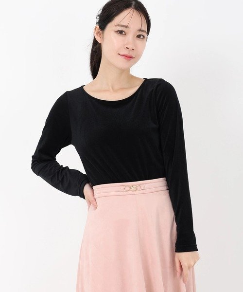 STRAWBERRY-FIELDS シアーベロア長袖トップス ストロベリーフィールズ トップス カットソー・Tシャツ ベージュ ブラック【送料無料】