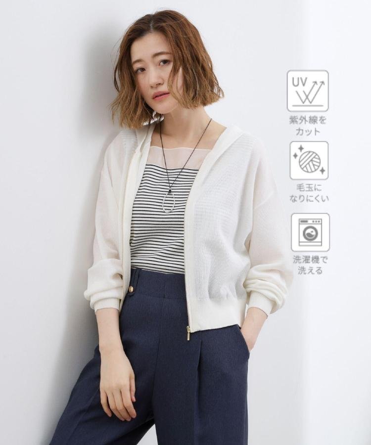 【SALE／20%OFF】grove 【洗濯機OK・UVカット】大人の抜け感,シアーニットフードパーカ グローブ トップス パーカー・フーディー ブラック ホワイト【送料無料】