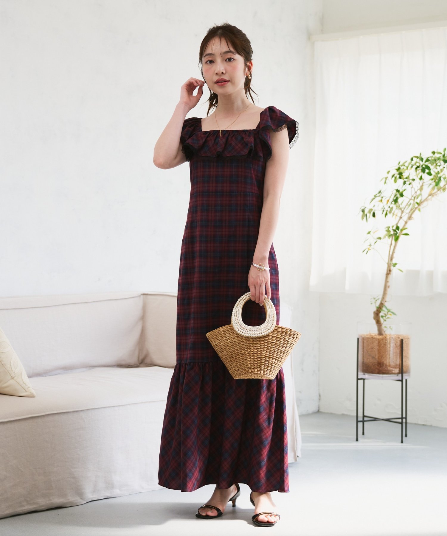 La boutique BonBon 【大人ガーリー】チェックレーストリムワンピース ラブティックボンボン ワンピース・ドレス その他のワンピース・ドレス ブラウン