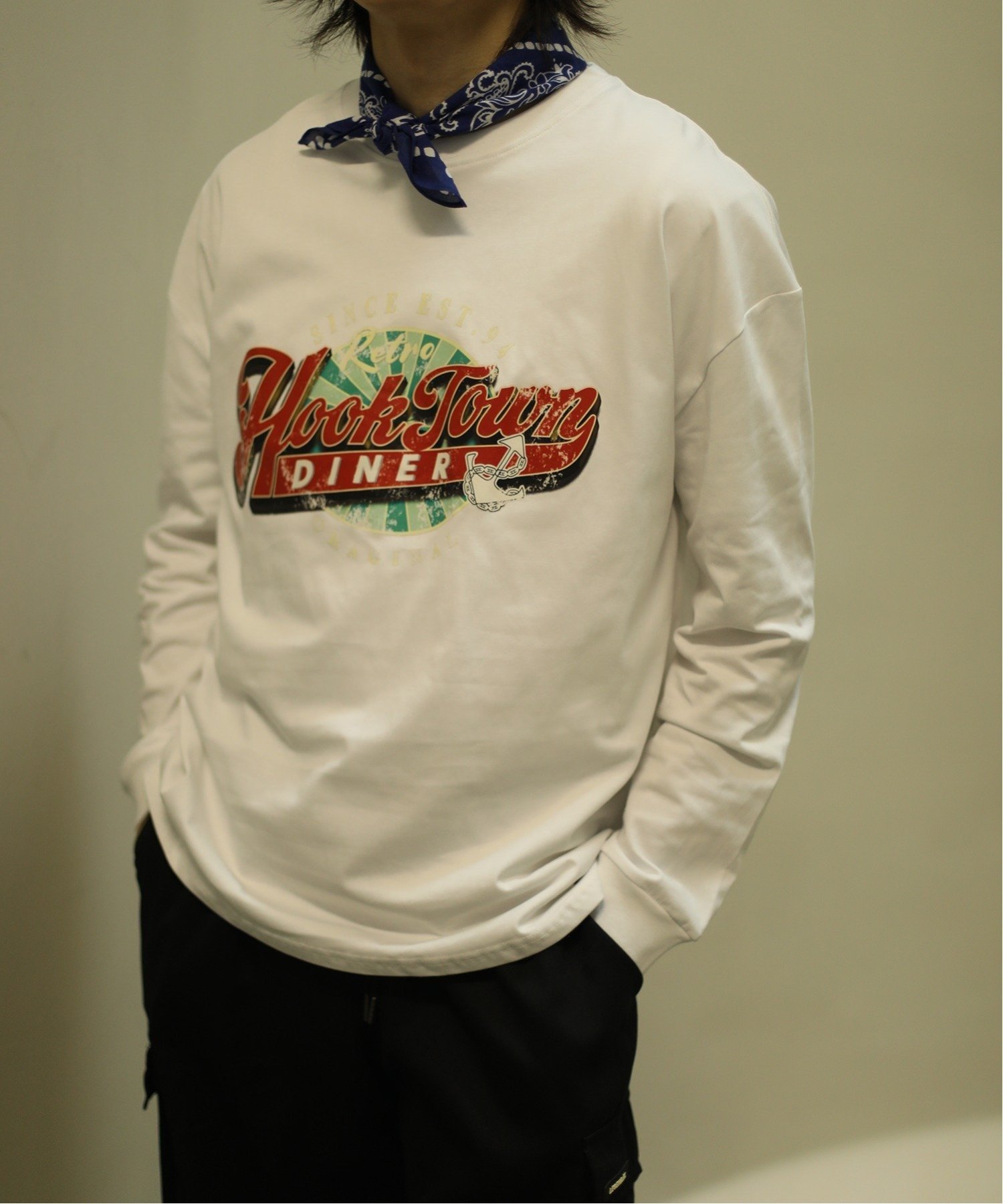 HOOK HOOK/(U)【HOOK -original-】アメカジヴィンテージ風ロゴプリントロングTEE アイモハ トップス カットソー・Tシャツ ネイビー ブラック ホワイト