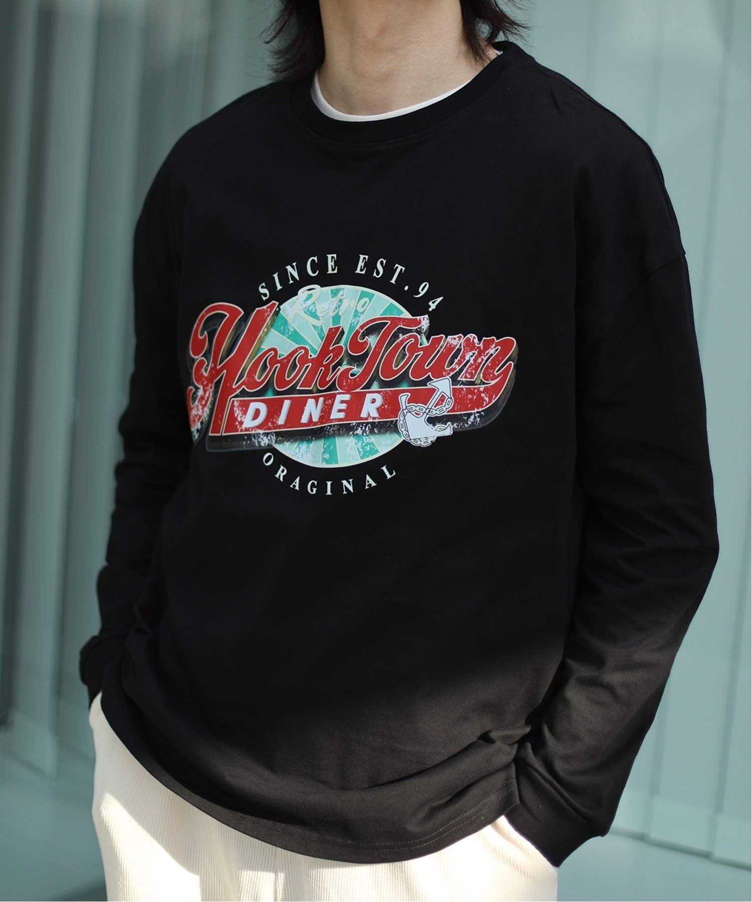 HOOK HOOK/(U)【HOOK -original-】アメカジヴィンテージ風ロゴプリントロングTEE アイモハ トップス カットソー・Tシャツ ネイビー ブラック ホワイト