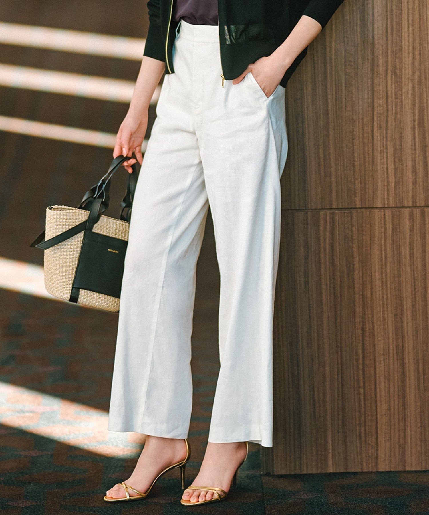 23区 L 【CLASSY.6月号掲載/洗える】リネンレーヨンストレッチ ワイドパンツ ニジュウサンク パンツ その他のパンツ ベージュ カーキグリーン ネイビー ブラック ホワイト
