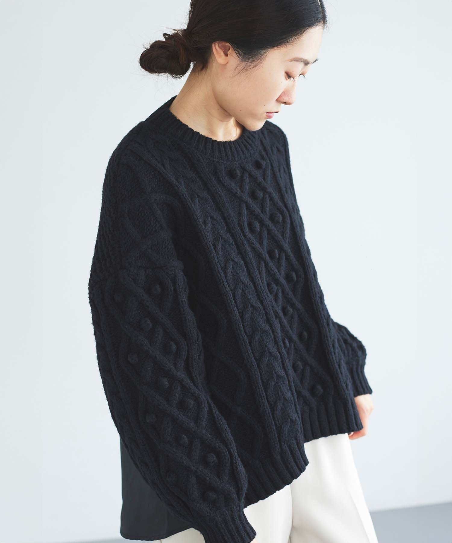 le.coeur blanc TORRAZZO DONNAケーブル×布帛トップス ルクールブラン トップス ニット ホワイト ブラック