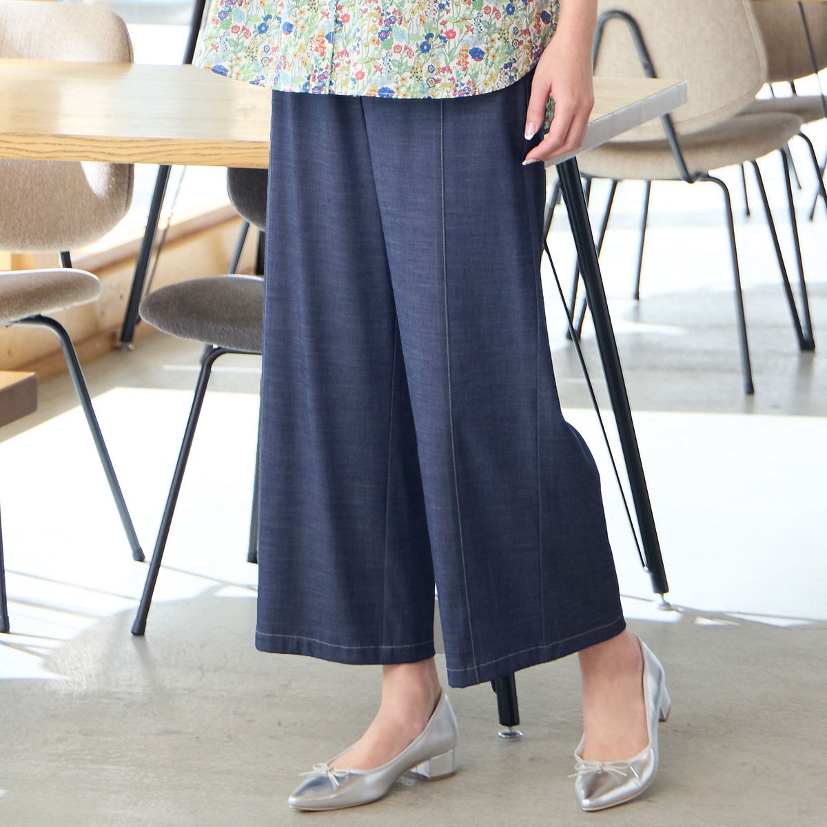 missel 【セットアップ可】デニムライク ストレッチワイドパンツ ミゼール パンツ その他のパンツ ネイビー【送料無料】
