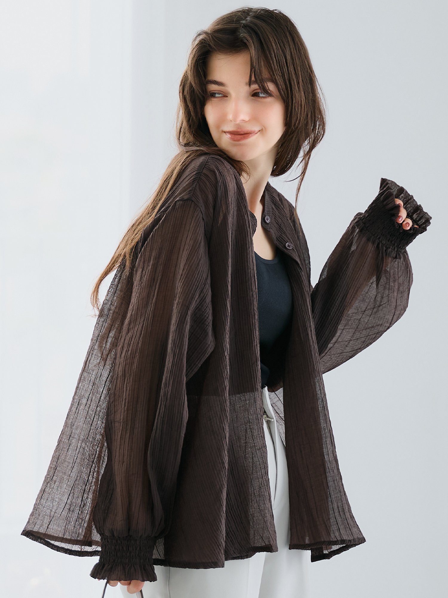 coca シアーギャザーAラインブラウス コカ トップス シャツ・ブラウス ピンク ブラック ブラウン グレーのサムネイル