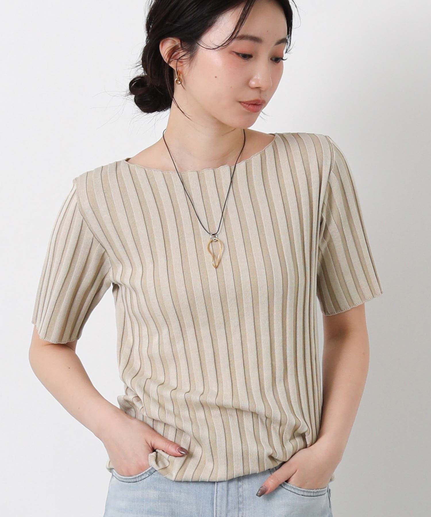 Gready Brilliant/(W)2_RTワイドリブボートHS グレディブリリアン トップス カットソー・Tシャツ ベージュ ブラック