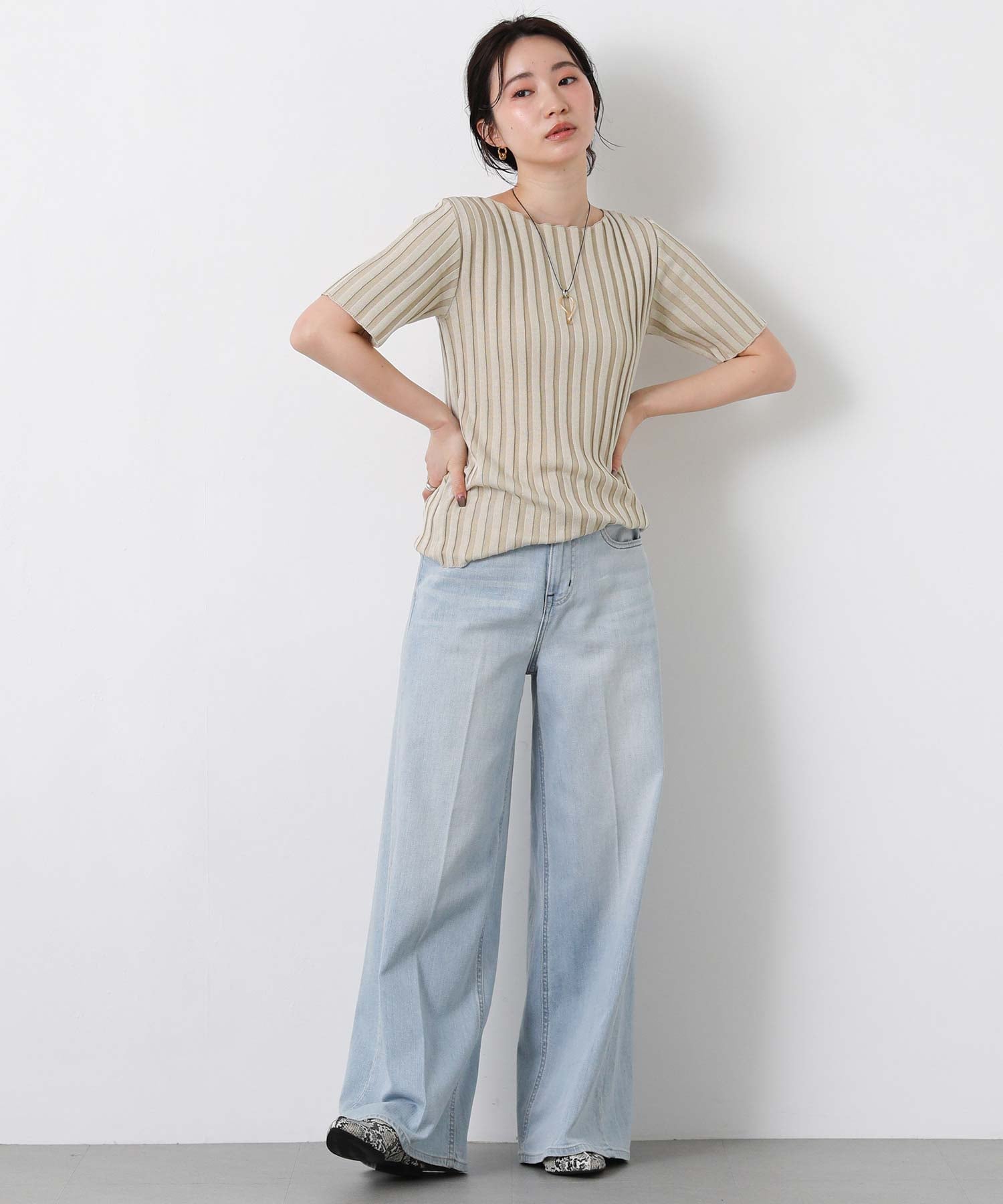 Gready Brilliant/(W)2_RTワイドリブボートHS グレディブリリアン トップス カットソー・Tシャツ ベージュ ブラック
