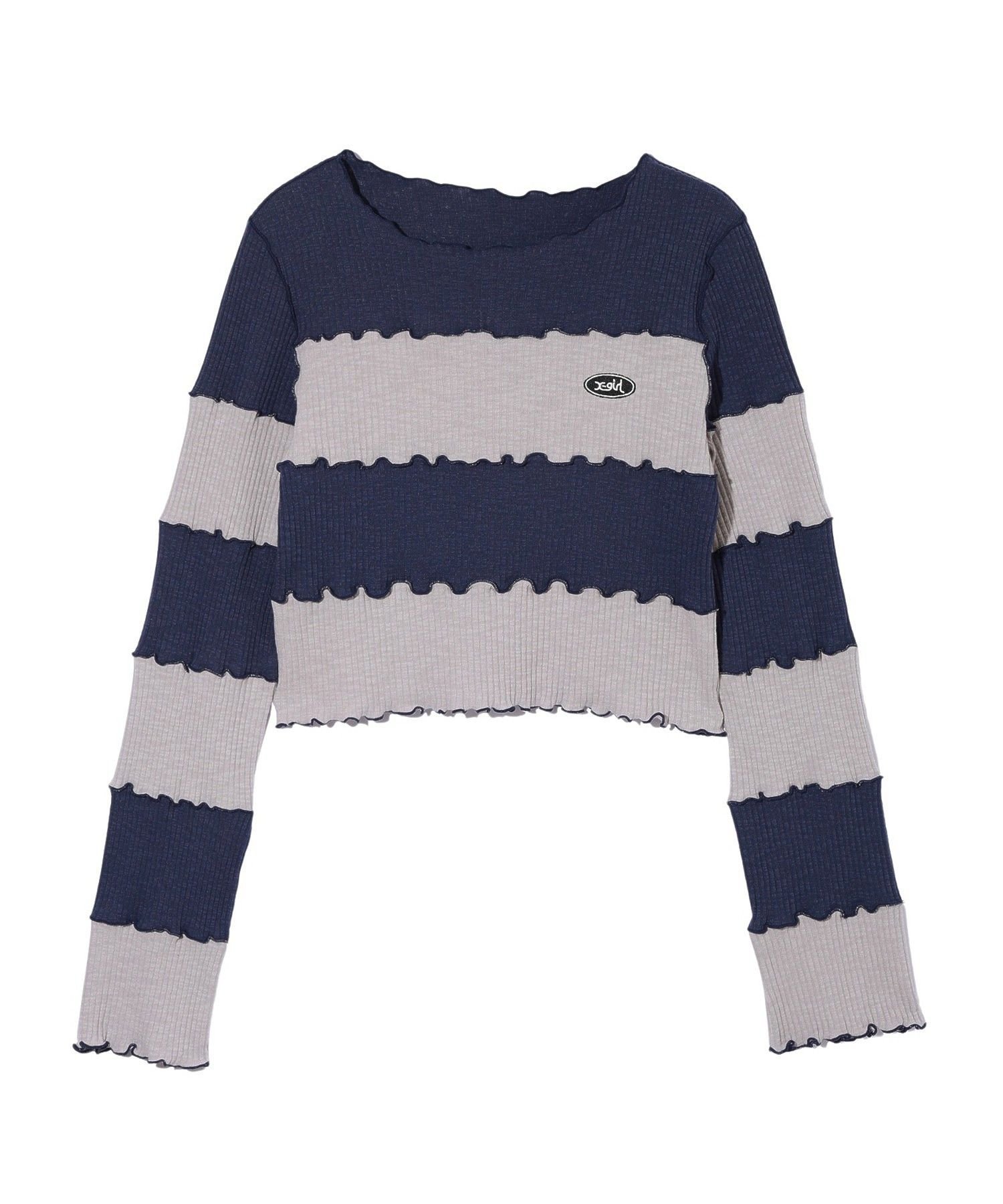X-girl STRIPED CROPPED TOP エックスガール トップス カットソー・Tシャツ ネイビー レッド ブラウン