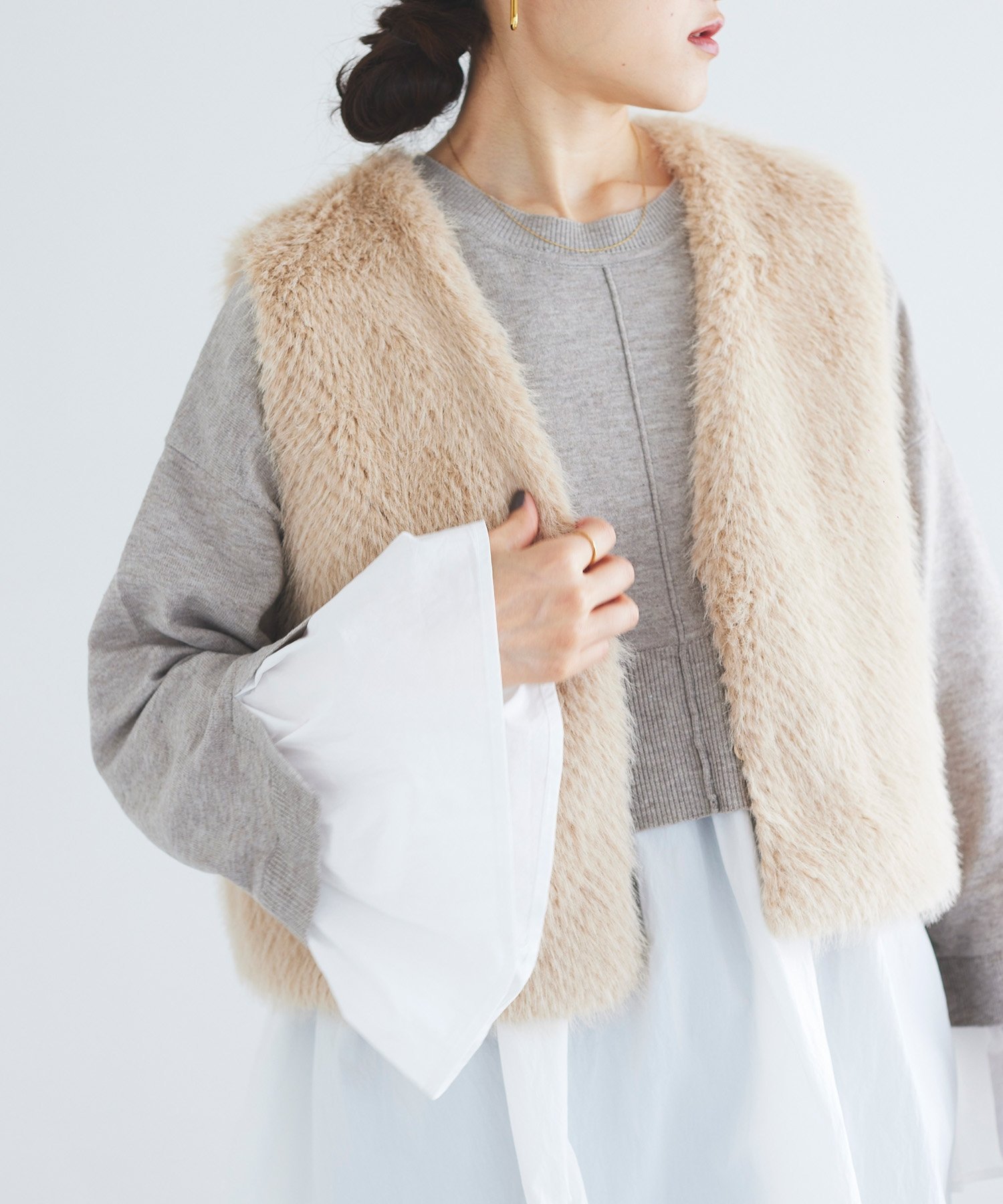 le.coeur blanc 《手洗い可能》TORRAZZO DONNAニット×シャツチュニック ルクールブラン トップス ニット ベージュ グレー