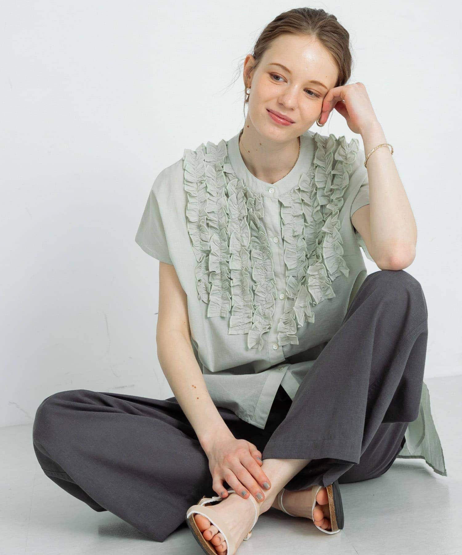 Sonny Label エアリーコットンフリルフレンチシャツブラウス サニーレーベル トップス シャツ・ブラウス ブラック イエロー グリーン ホワイト【送料無料】
