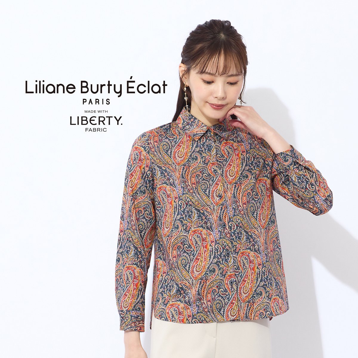 Liliane Burty Eclat 【洗える】リバティ ペイズリープリント衿付きブラウス リリアンビューティ エクラ トップス シャツ・ブラウス グレー【送料無料】