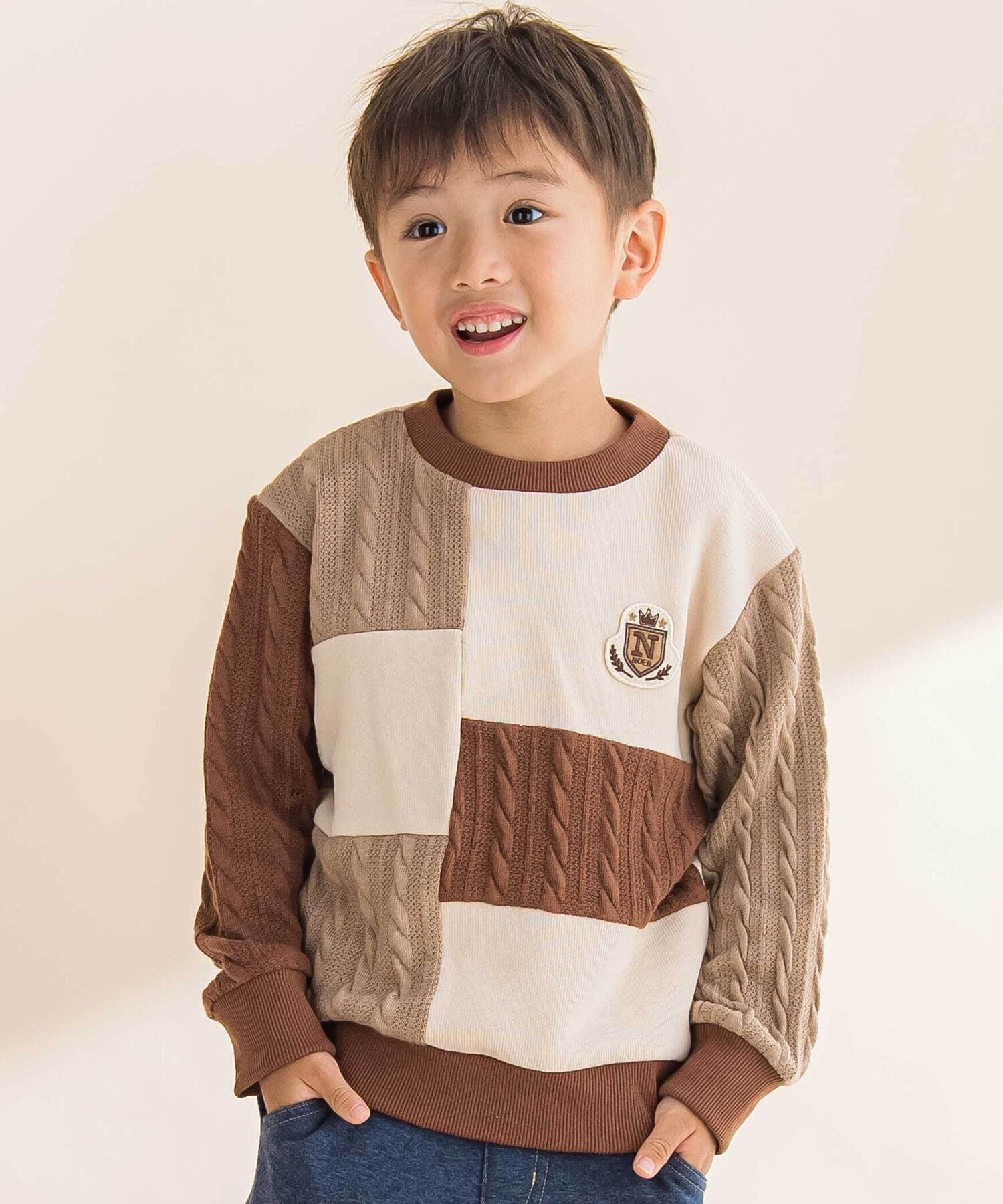 Noeil aime BeBe 【お揃い】飛び裏毛xケーブルJQニットブロック切り替えトレーナー(80~130cm) ベベ オ..