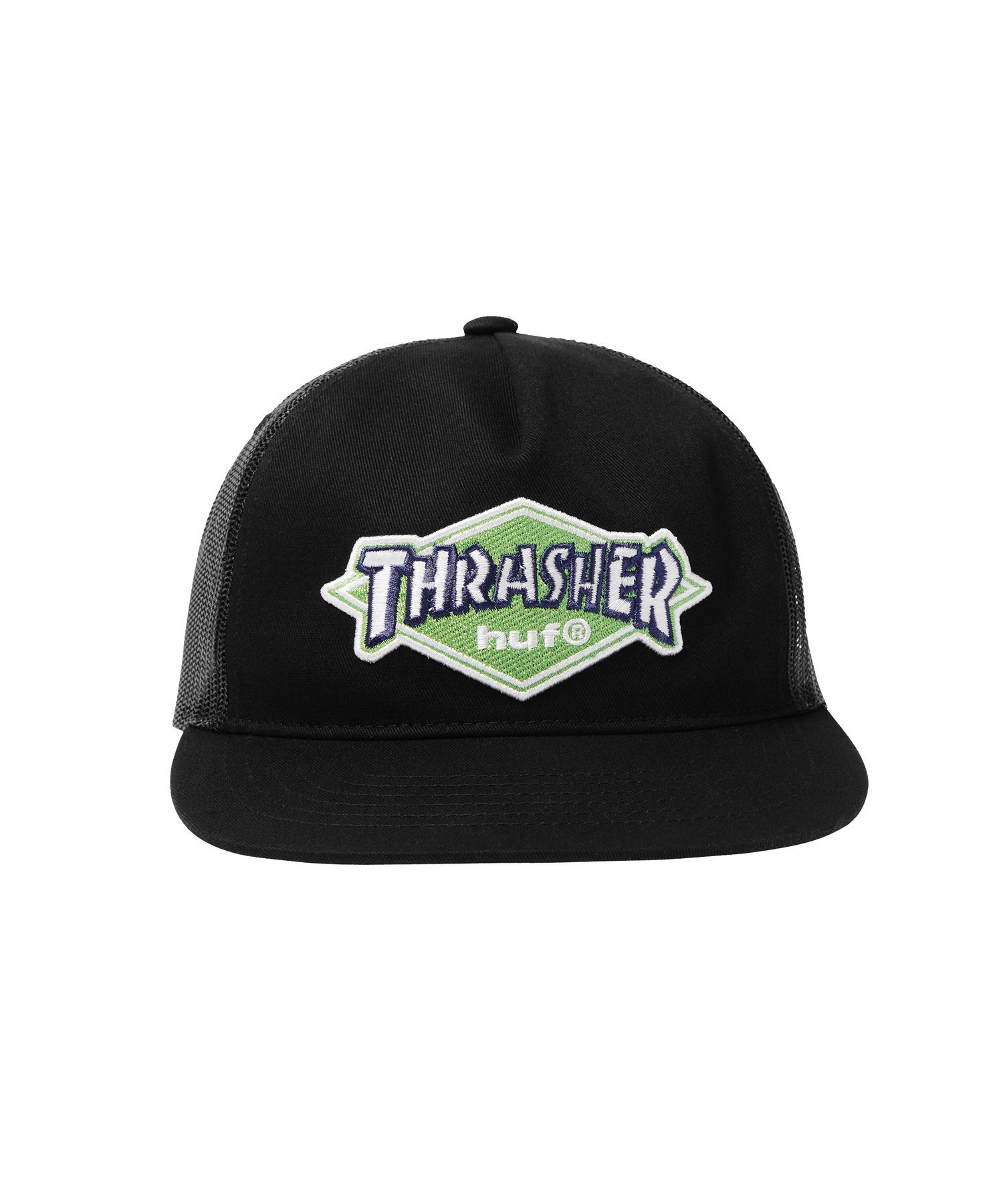 HUF HUF X THRASHER LOGO TWILL TRUCKER / HUF スラッシャー コラボ キャップ 帽子 ハフ 帽子 キャップ ブラック【送料無料】