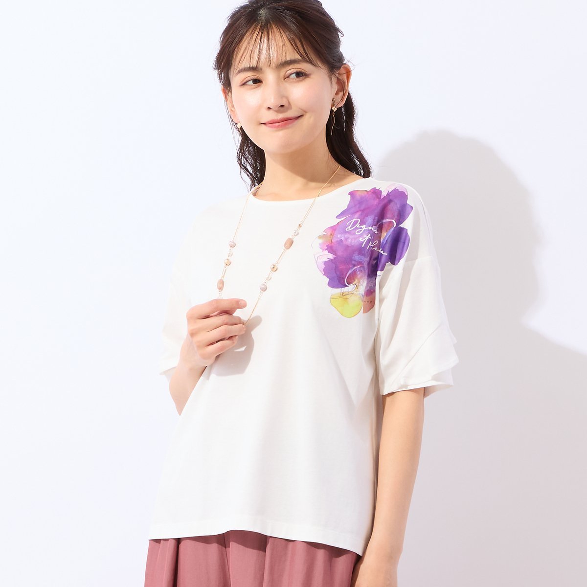 LOBJIE 【洗える・綿100%】フリルスリーブTシャツ ロブジェ トップス カットソー・Tシャツ ブラック ホワイト