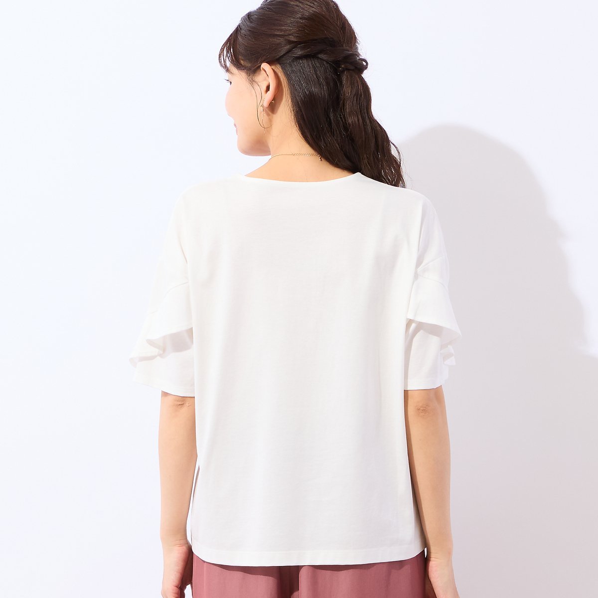LOBJIE 【洗える・綿100%】フリルスリーブTシャツ ロブジェ トップス カットソー・Tシャツ ブラック ホワイト