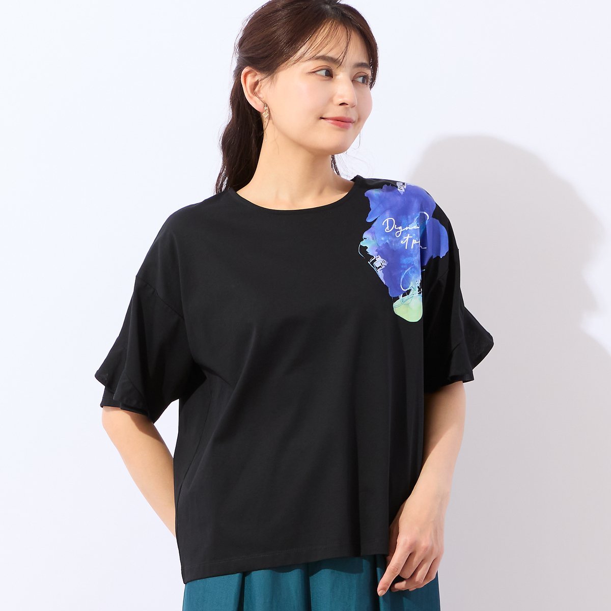 LOBJIE 【洗える・綿100%】フリルスリーブTシャツ ロブジェ トップス カットソー・Tシャツ ブラック ホワイト