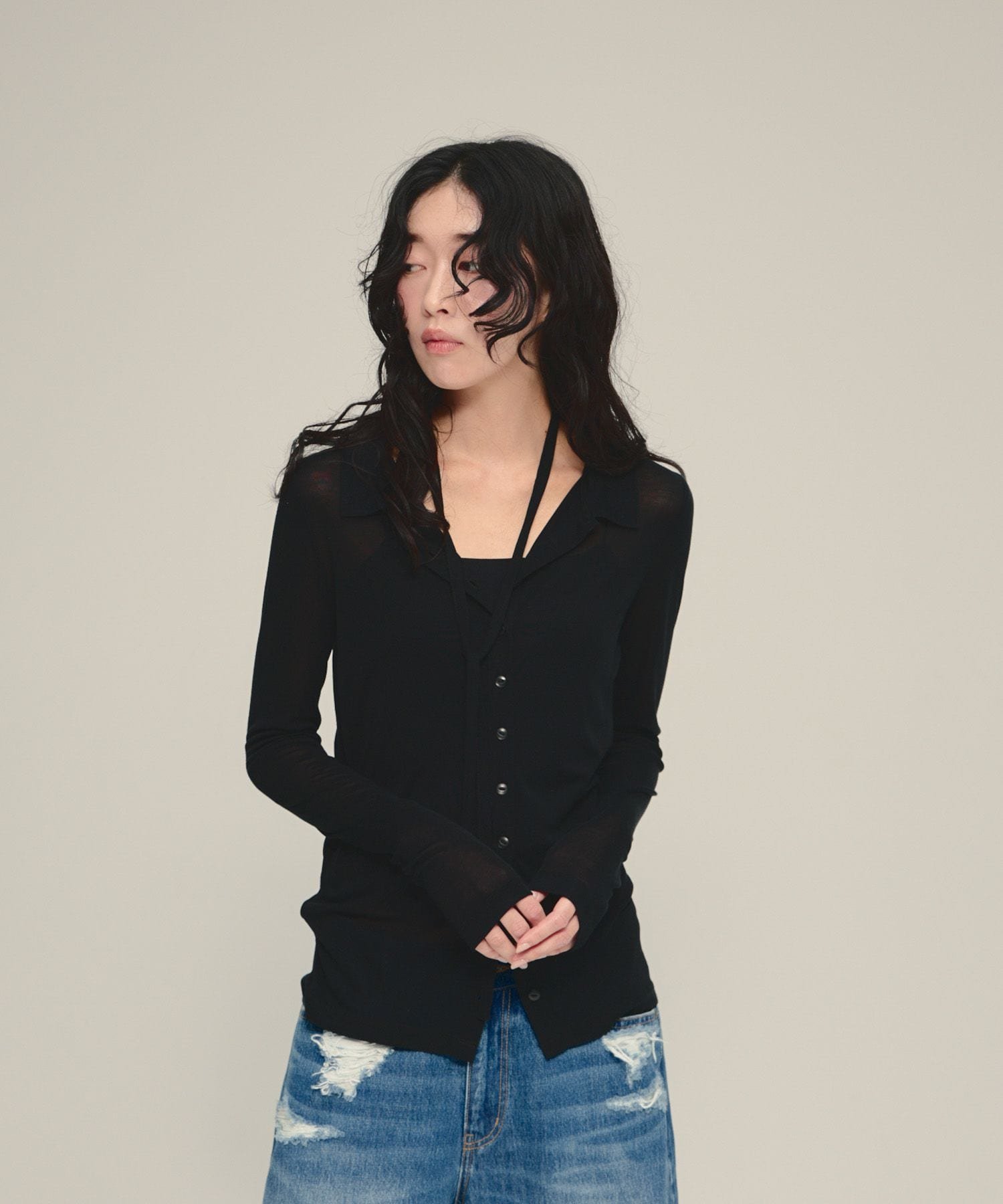 eL Tie Sheer Shirt ジーナシス トップス シャツ・ブラウス ホワイト ブラック