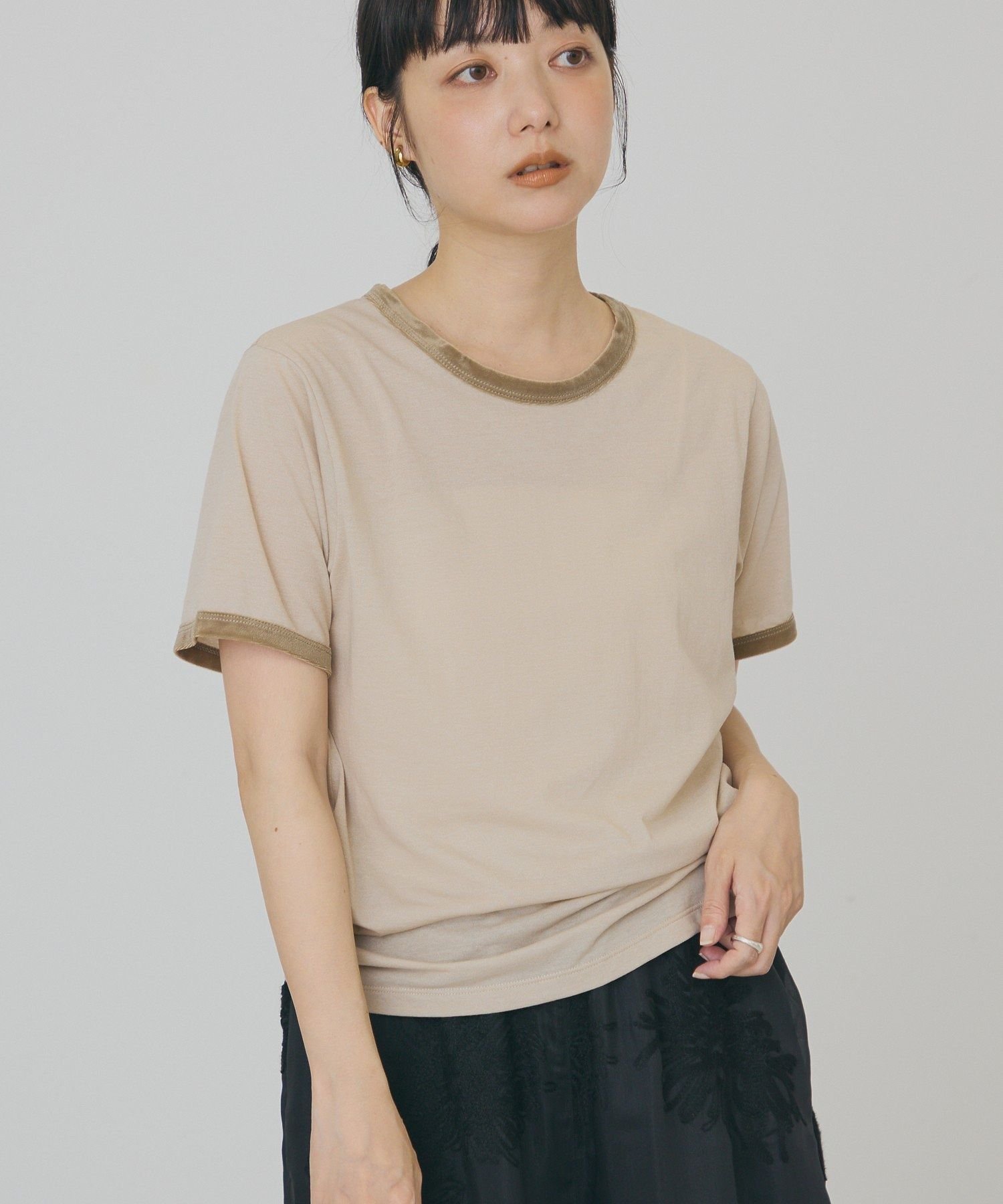 【抗菌防臭・吸水速乾】シアーベロアリンガーTシャツ アメリカンホリック トップス カットソー・Tシャツ ネイビー ベージュ ブラウン
