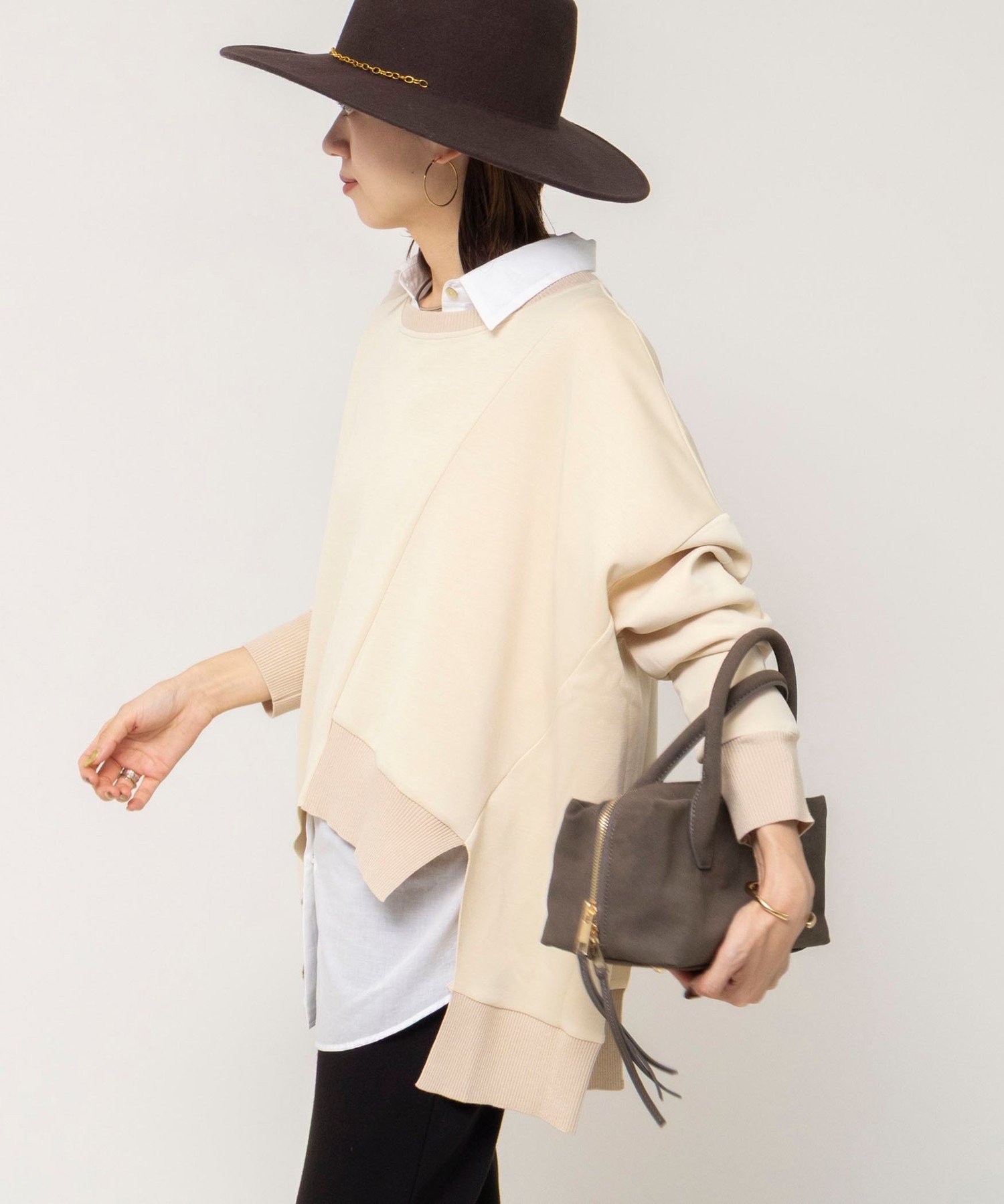 Rie Miller 《セットアップ対応》ウォッシャブルソフトダンボール変形プルオーバ ノーリーズ トップス カットソー・Tシャツ ブラック ベージュ【送料無料】