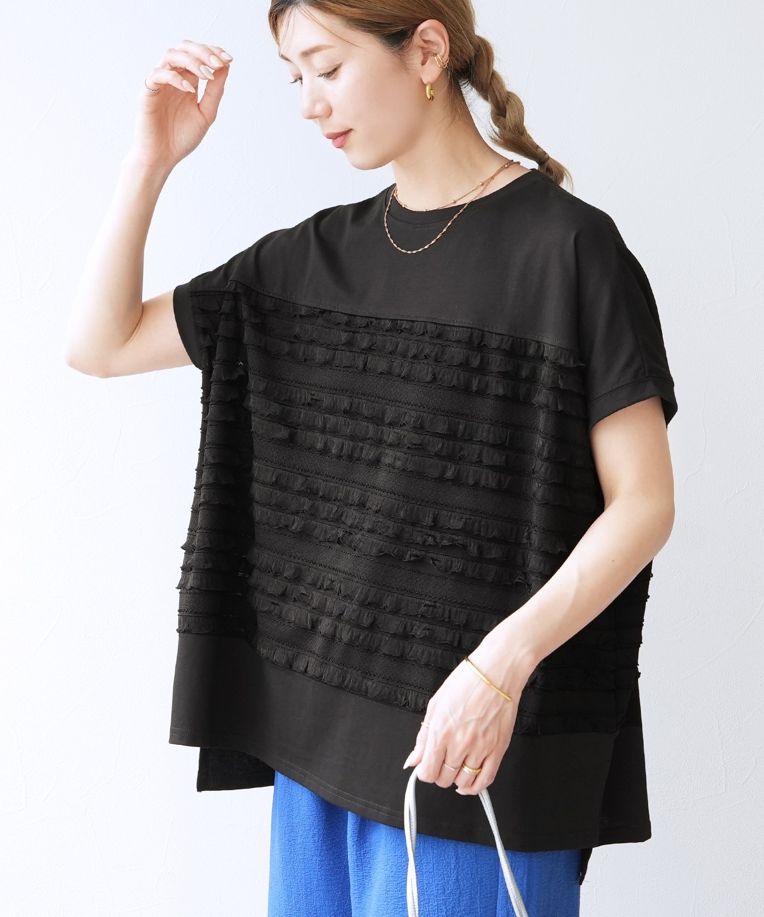 reca フリル切り替えワイドプルオーバー(on6643572) reca レカ レカ トップス カットソー・Tシャツ ブラック ホワイト