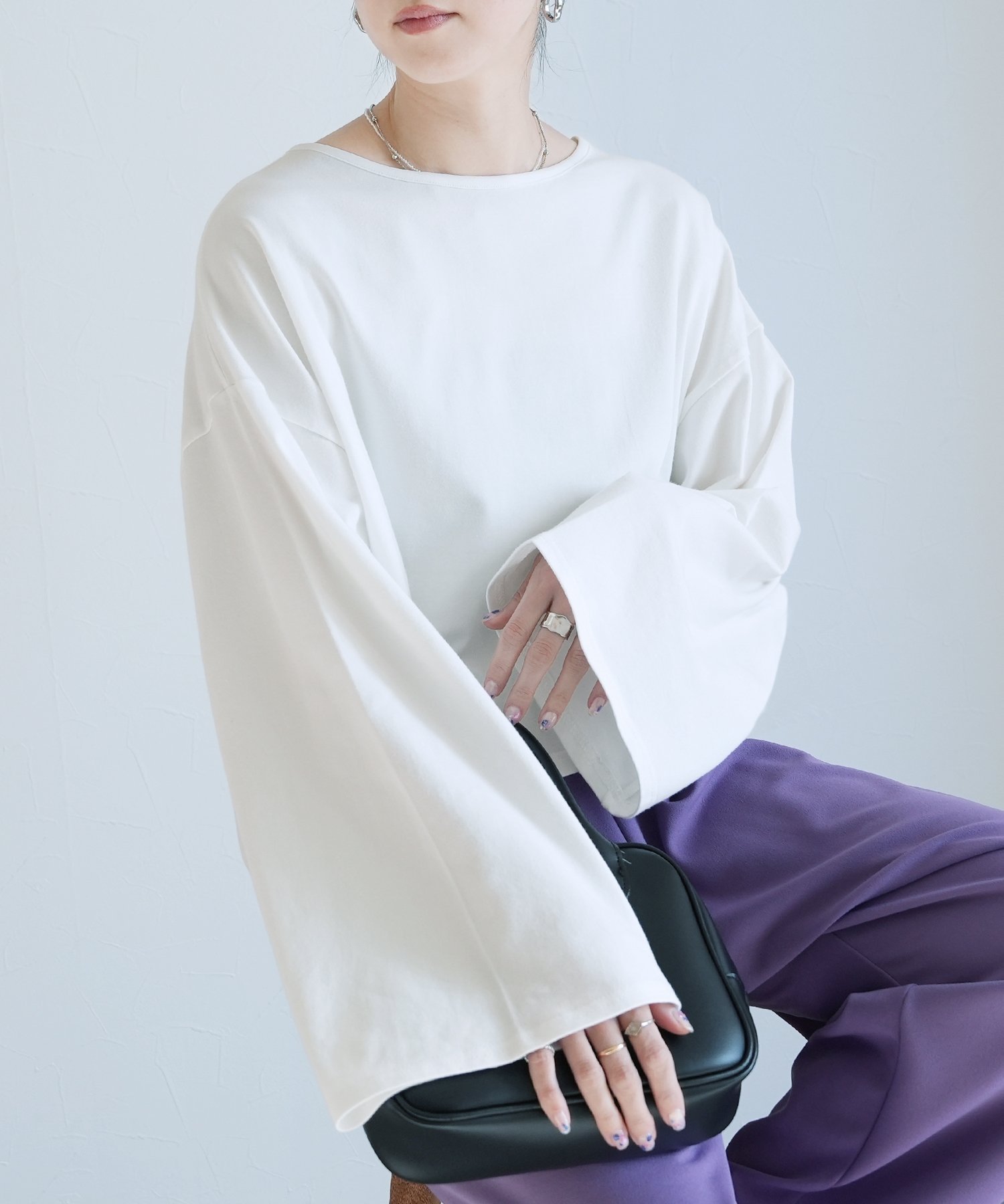 reca 無地BIG長袖Tシャツ ショート丈(bel-pb-0016) reca レカ レカ トップス カットソー・Tシャツ グリーン ブラック ホワイト