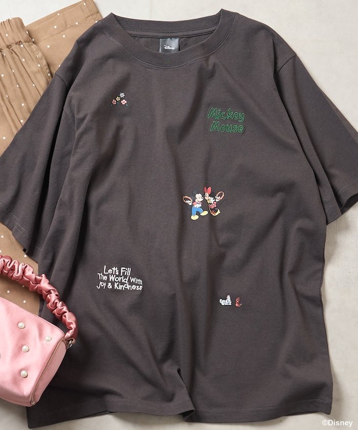 【MICKEY MOUSE】レトロ総柄 刺繍 Tシャツ フリークスストア トップス カットソー・Tシャツ ホワイト グレー ピンク