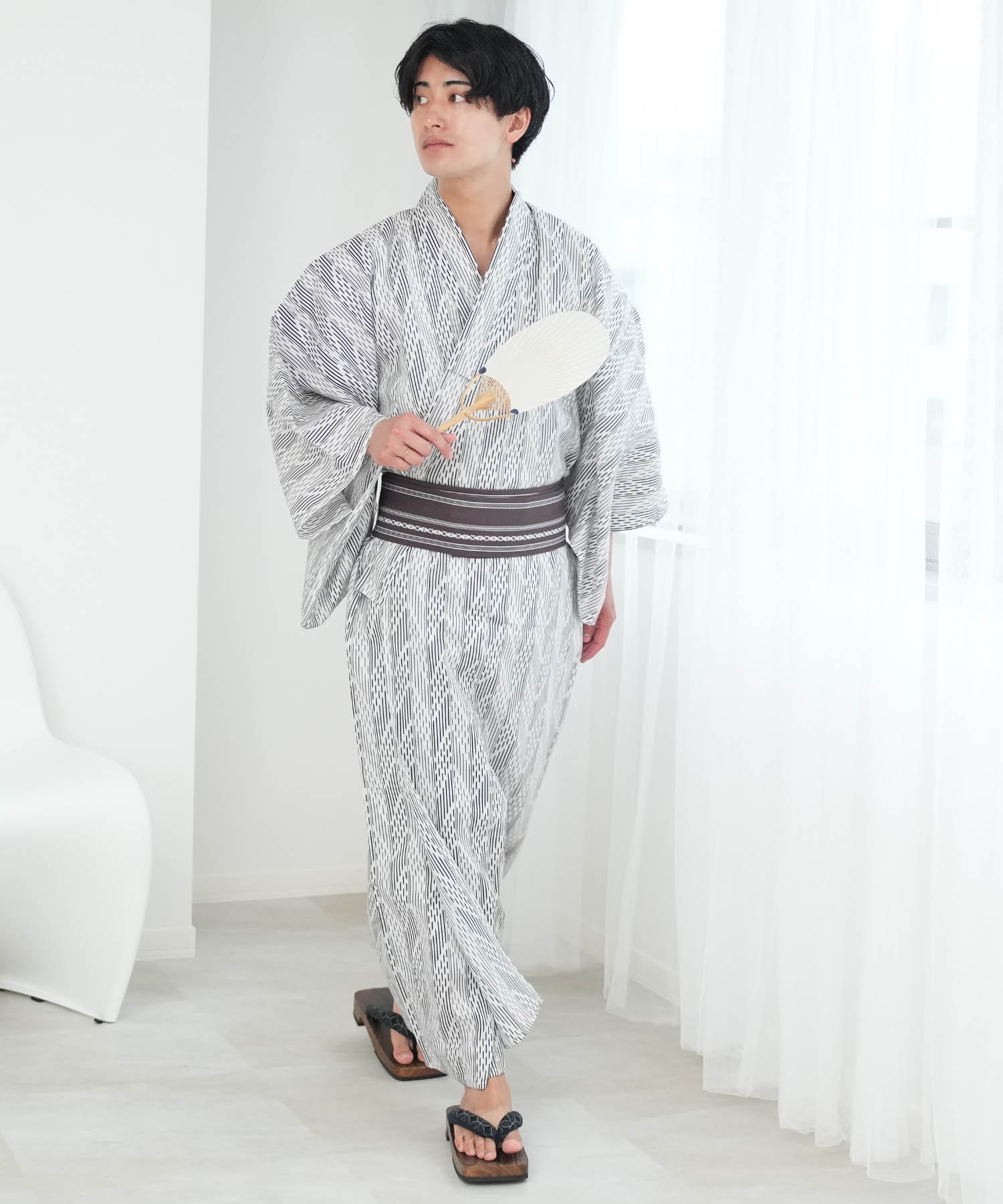 utatane 高級変わり織 メンズ 浴衣3点セット 白に矢絣 ウタタネ 着物・浴衣・和装小物 浴衣 ホワイト【送料無料】